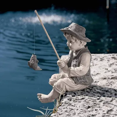 Little Boy Fisherman Figurine Garden Statue