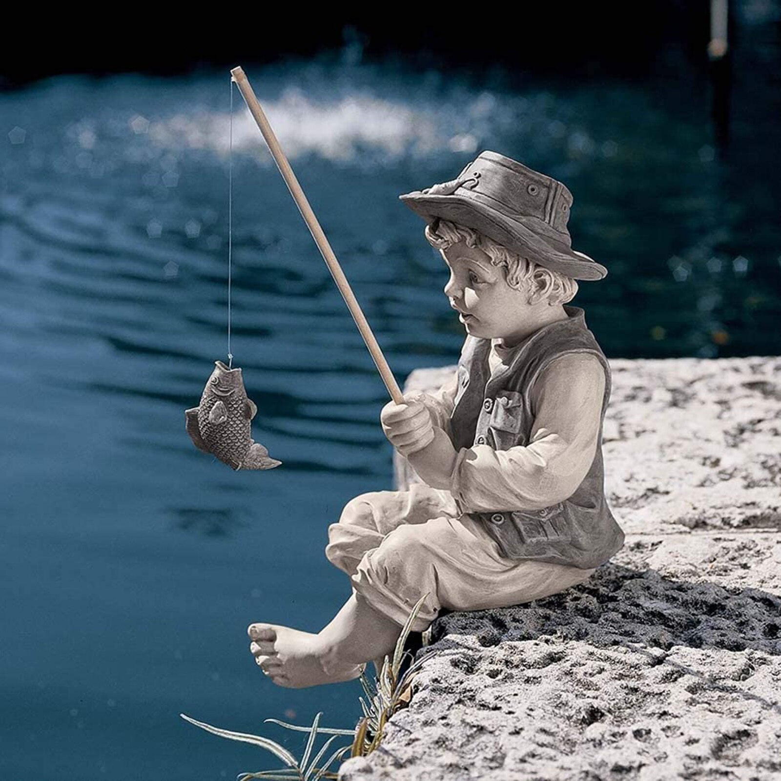 Little Boy Fisherman Figurine Garden Statue