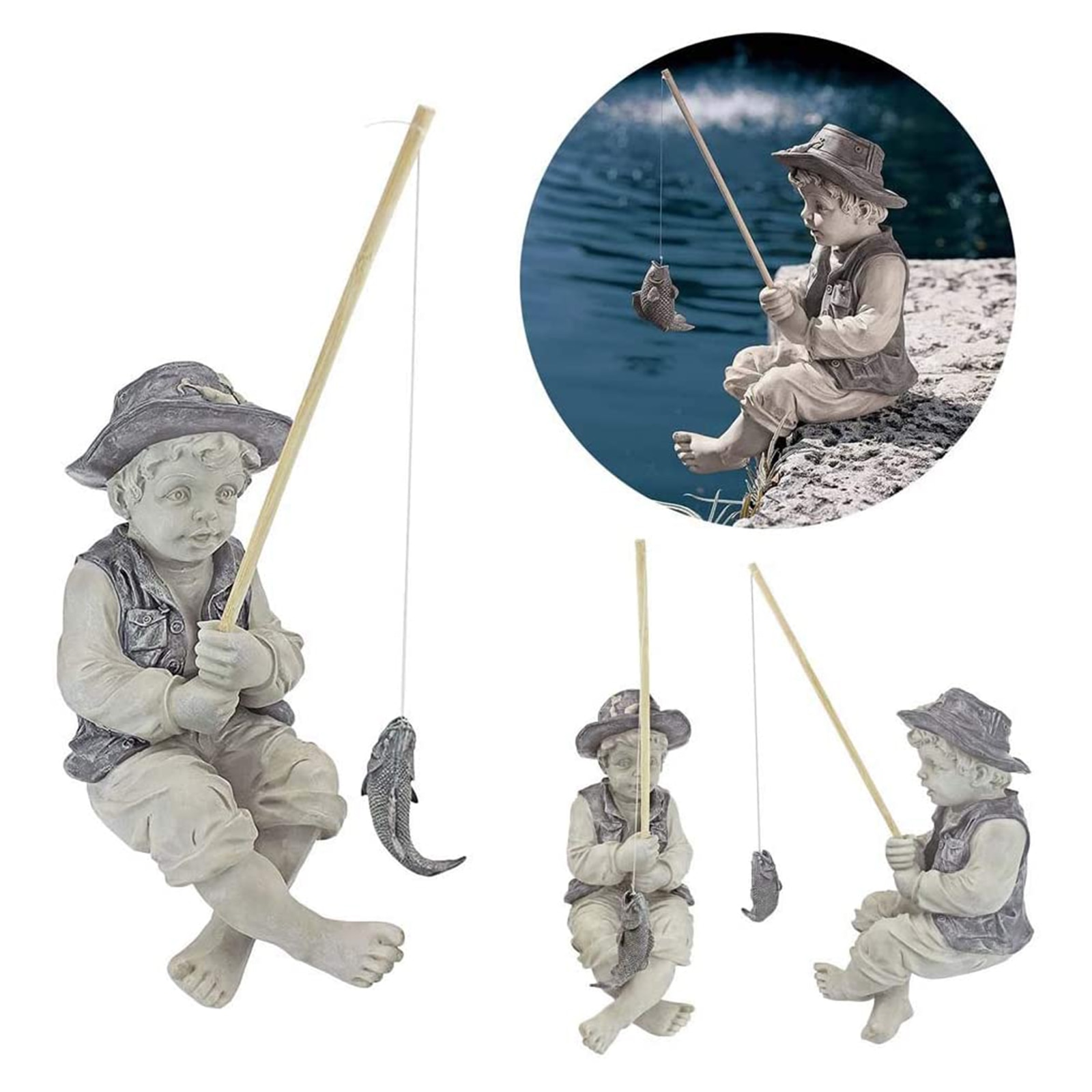 Little Boy Fisherman Figurine Garden Statue