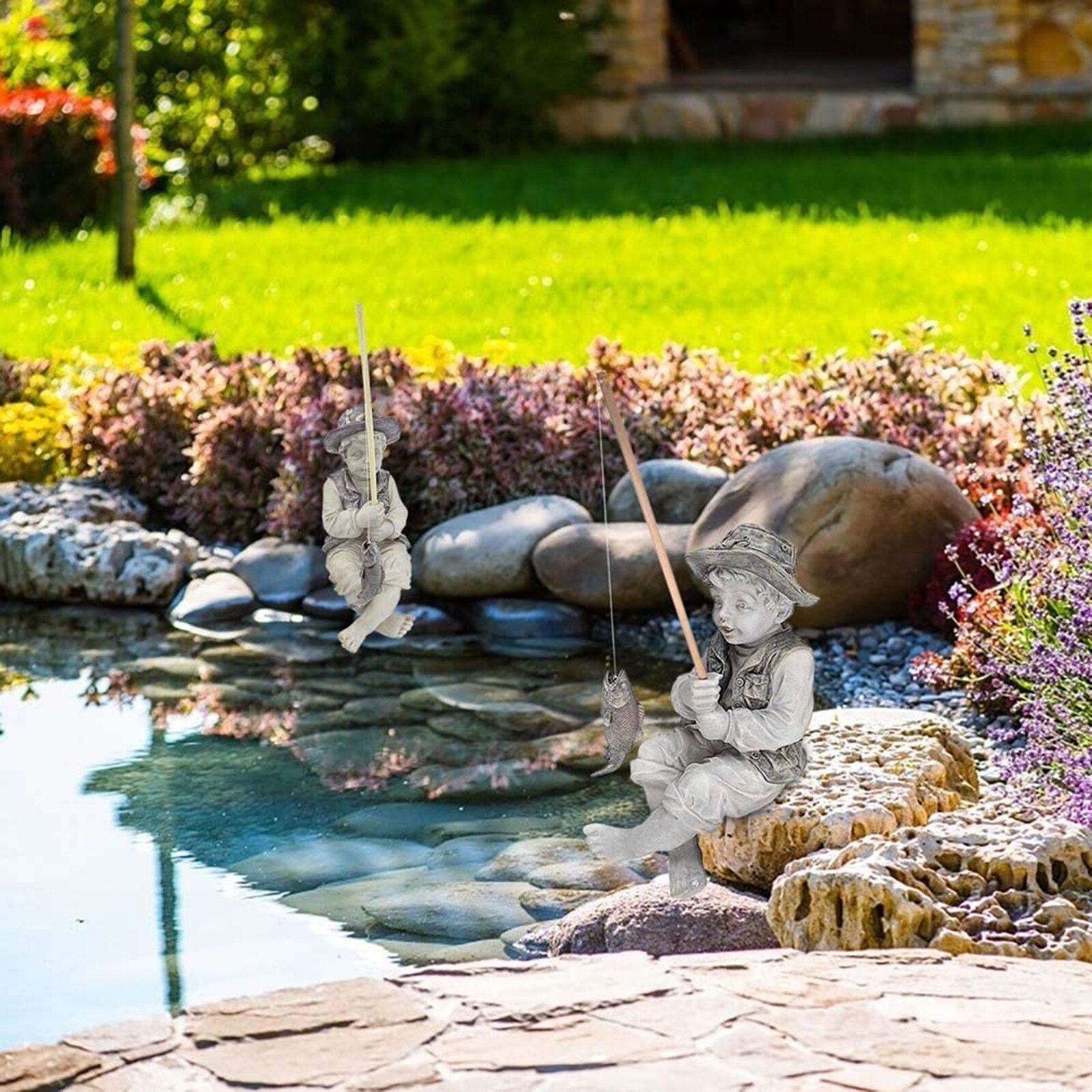 Little Boy Fisherman Figurine Garden Statue