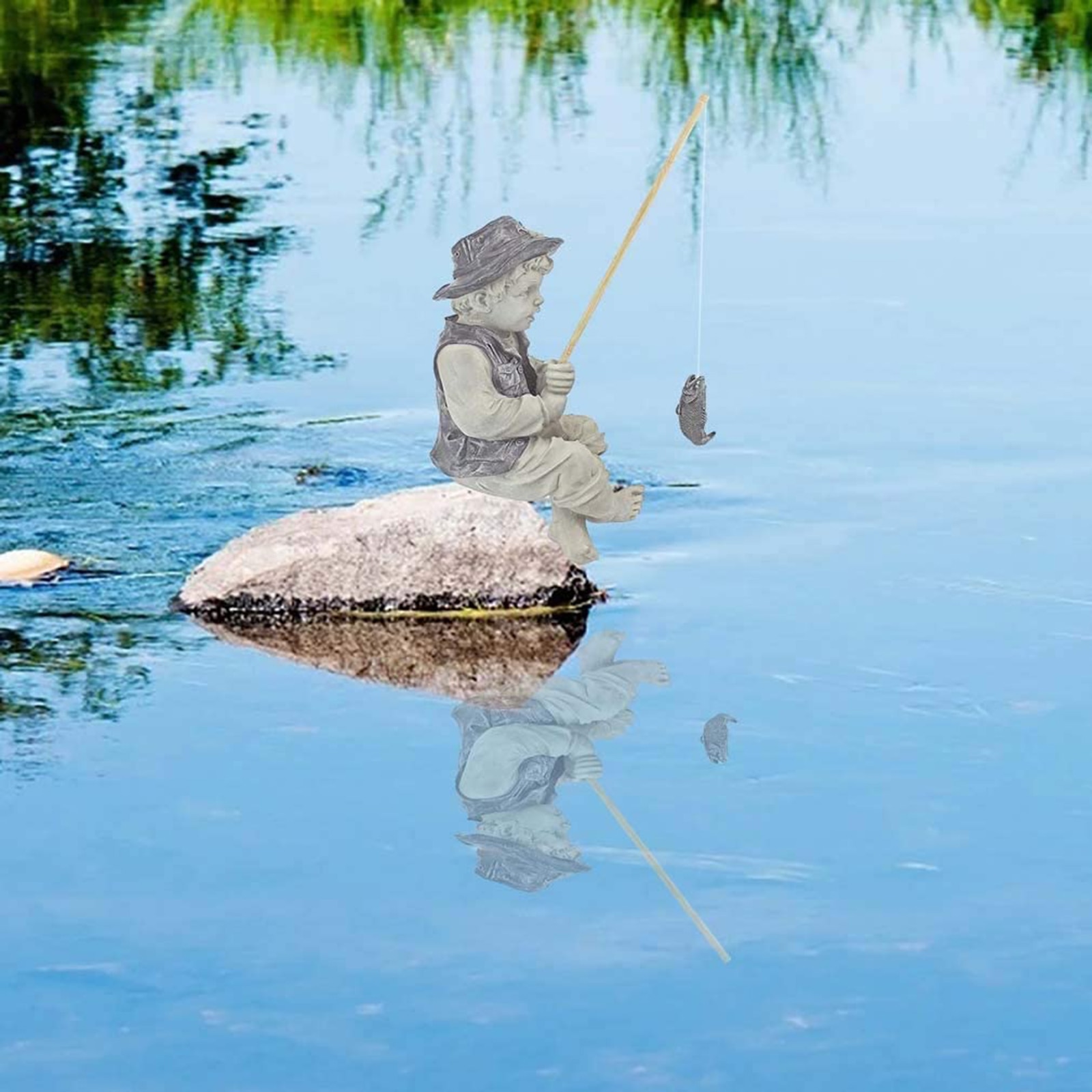 Little Boy Fisherman Figurine Garden Statue