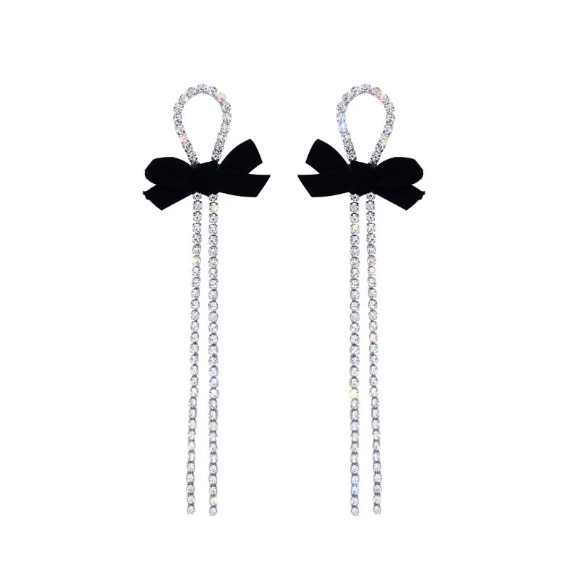 Long Crystal Sparkling Earrings Earrings with a Black Bow