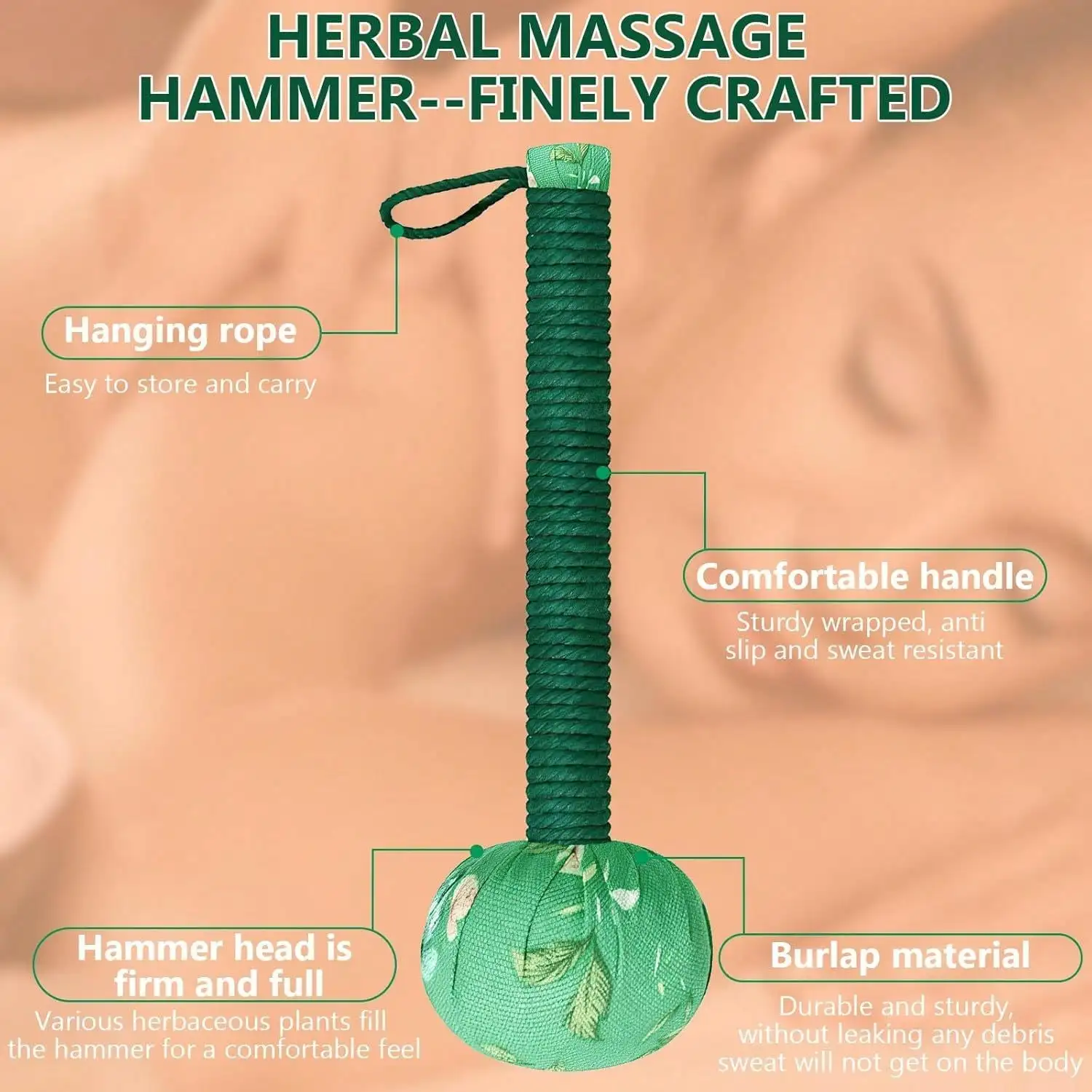 Long-Handled Wormwood Massage Hammer for Lymphatic Drainage – Manual Full Body and Back Relief, Stress Reduction, Nylon