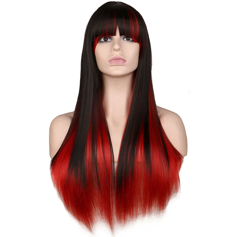 Long Straight Cosplay Wig Women Costume Party Black Red Ombre Heat Resistant Synthetic Hair Wigs