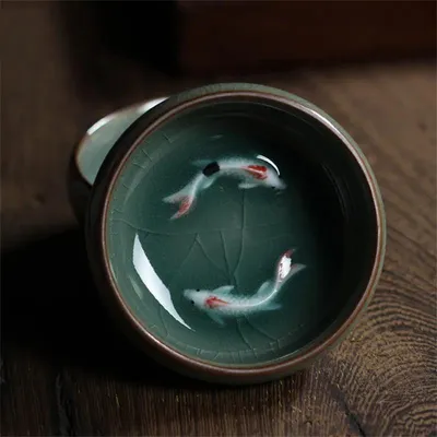 Longquan Celadon Porcelain Teacups Chinese Teapot Golden Fish Tea Cup Bowl 60ml