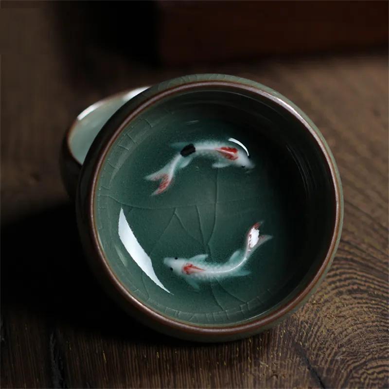 Longquan Celadon Porcelain Teacups Chinese Teapot Golden Fish Tea Cup Bowl 60ml Longquan Celadon Porcelain Teacups Chinese Teapot Golden Fish Tea Cup Bowl 60ml