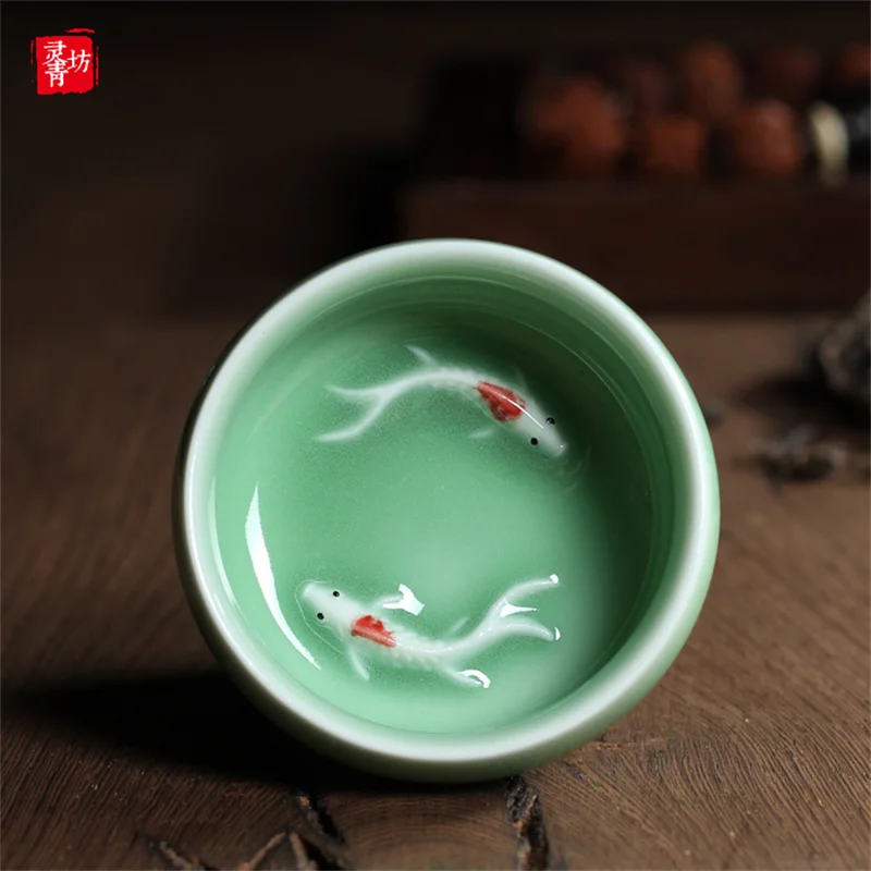 Longquan Celadon Porcelain Teacups Chinese Teapot Golden Fish Tea Cup Bowl 60ml