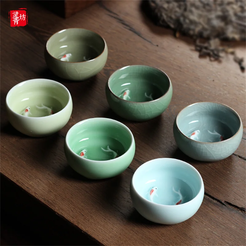 Longquan Celadon Porcelain Teacups Chinese Teapot Golden Fish Tea Cup Bowl 60ml