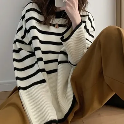 Loose Knitted Striped Sweater for Women Loose Knitted Striped Sweater for Women