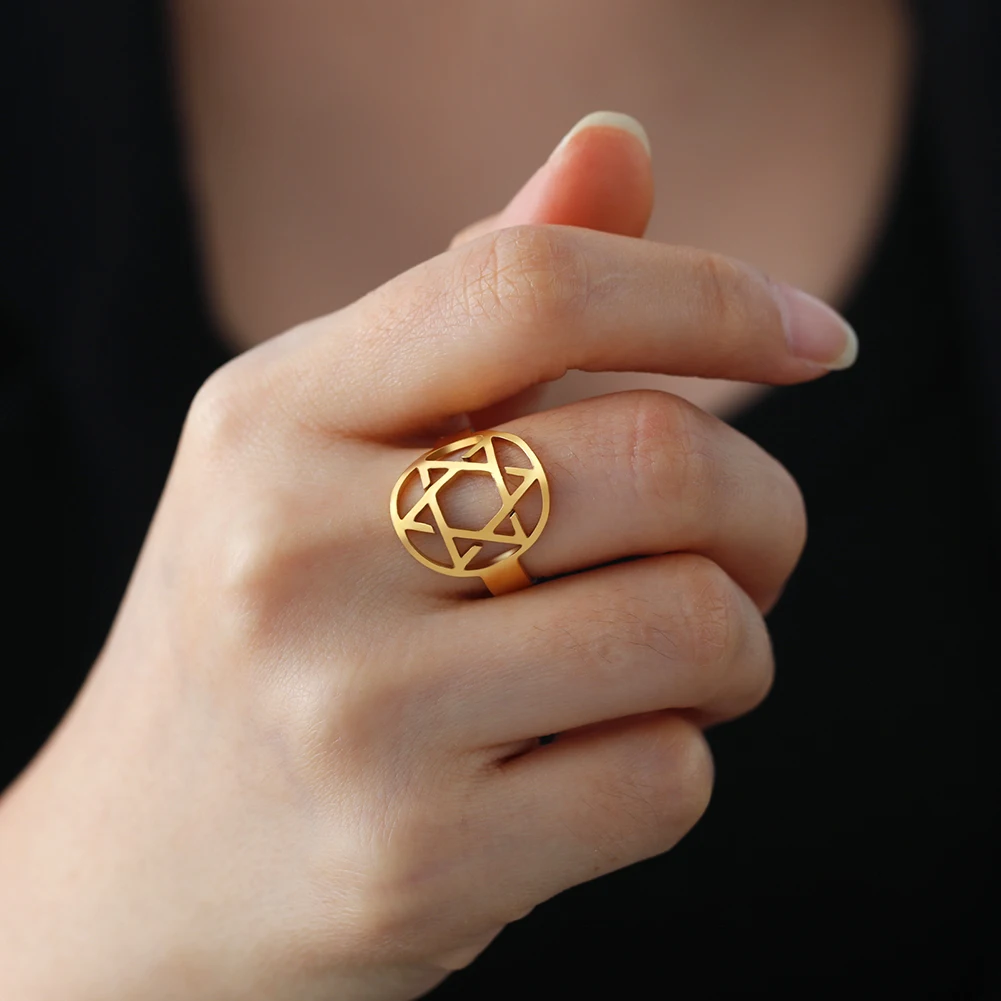Lucktune Jewish Magen Star of David Symbol Ring Stainless Steel Hexagram Geometry Ring for Women Men Vintage Jewelry