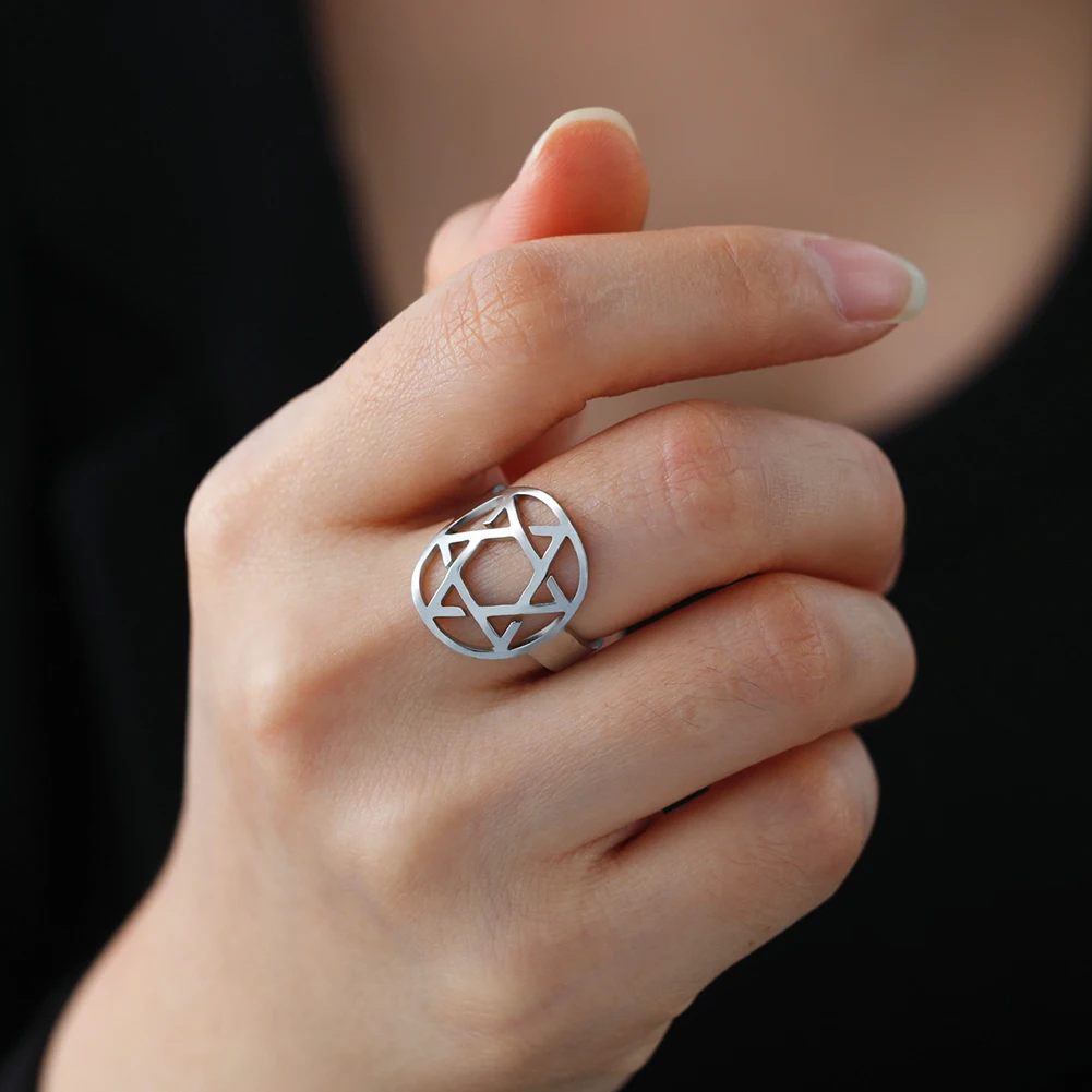 Lucktune Jewish Magen Star of David Symbol Ring Stainless Steel Hexagram Geometry Ring for Women Men Vintage Jewelry