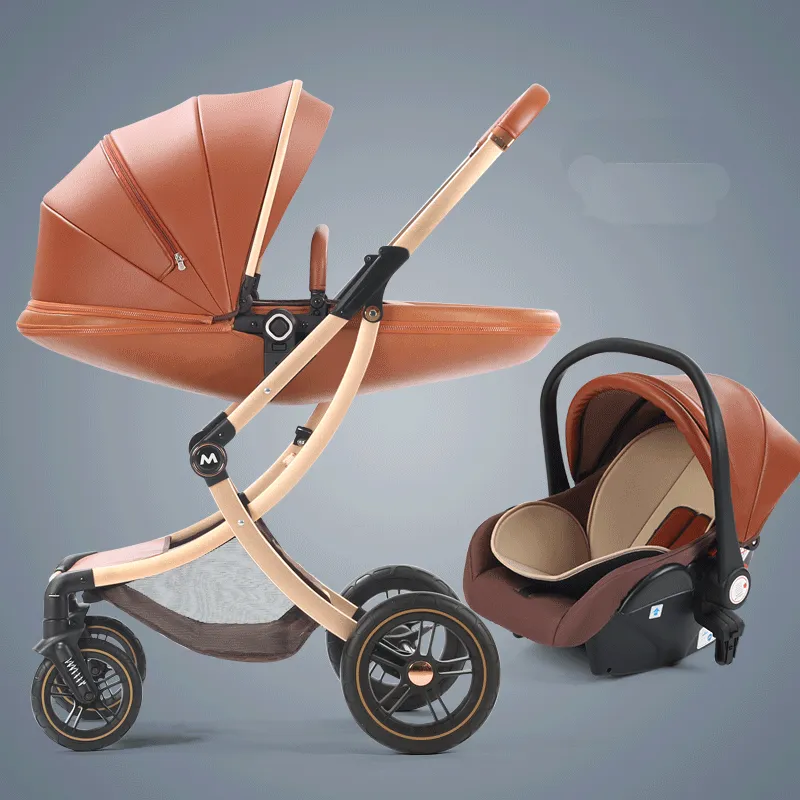 Luxury Baby Stroller 3 In 1 Baby Carriage with Car Seat Eggshell Newborn Baby Stroller Leather Baby Carriage High