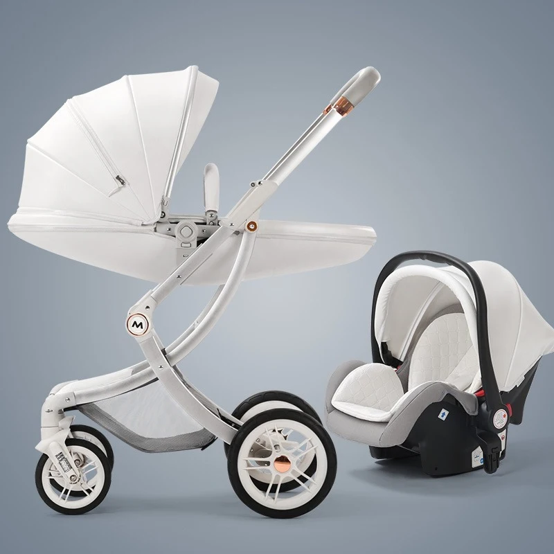 Luxury Baby Stroller 3 In 1 Baby Carriage with Car Seat Eggshell Newborn Baby Stroller Leather Baby Carriage High