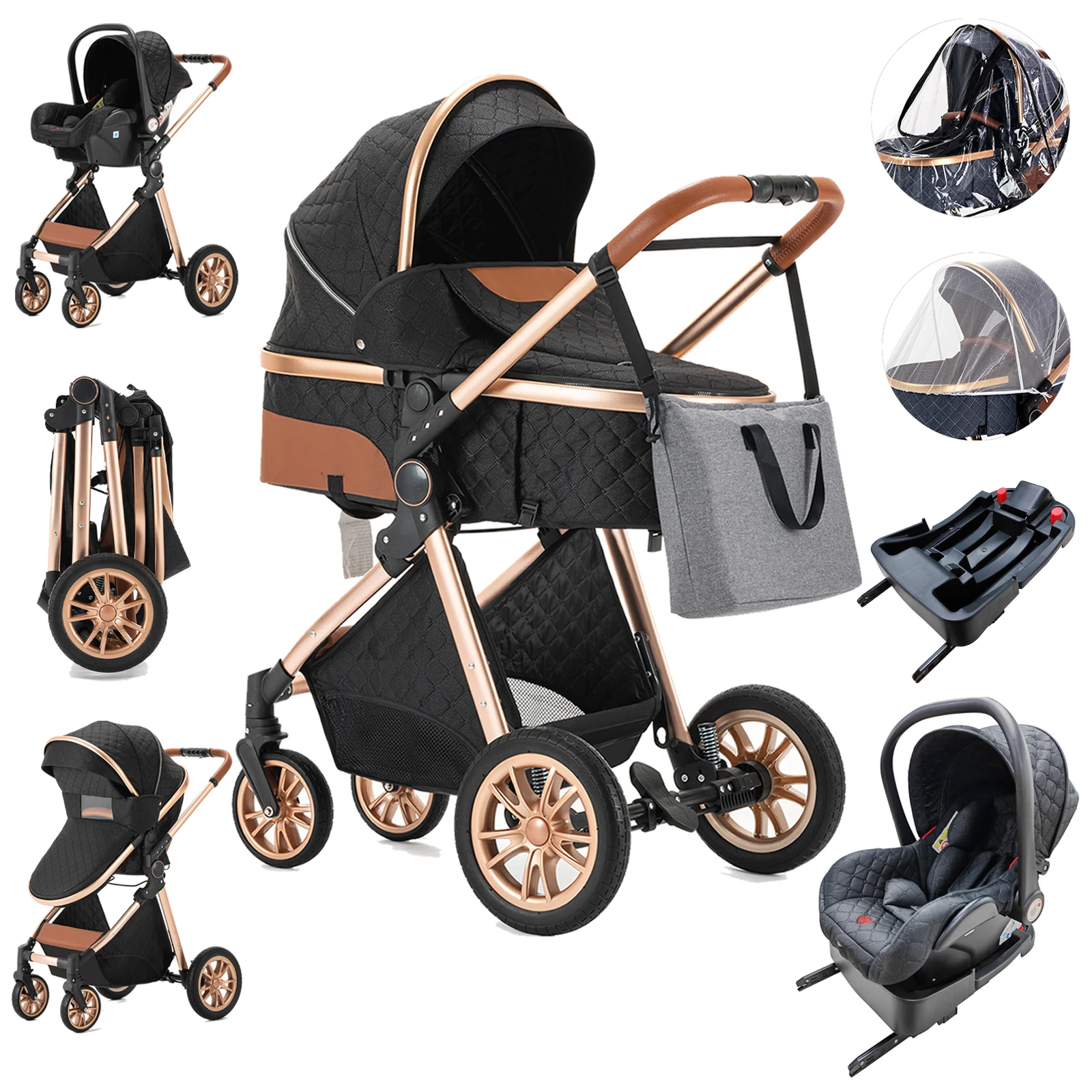 Luxury Baby Stroller 3 in 1 High Landscape Baby Cart Can Sit Can Lie Portable Pushchair Baby Cradel Infant Carrier