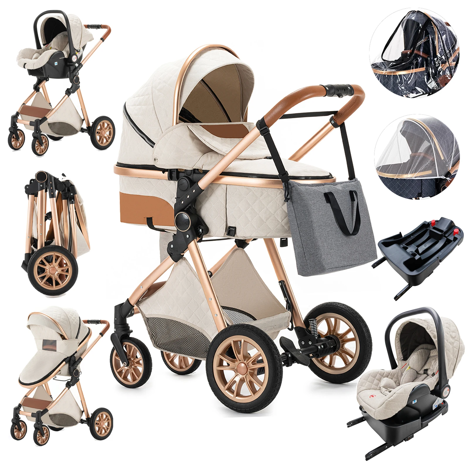 Luxury Baby Stroller 3 in 1 High Landscape Baby Cart Can Sit Can Lie Portable Pushchair Baby Cradel Infant Carrier