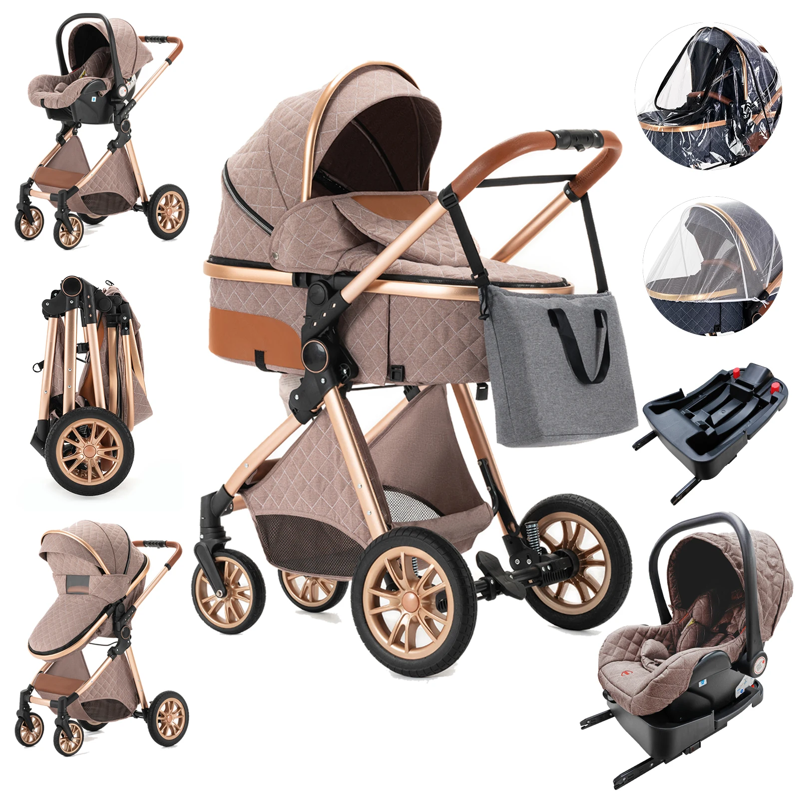Luxury Baby Stroller 3 in 1 High Landscape Baby Cart Can Sit Can Lie Portable Pushchair Baby Cradel Infant Carrier