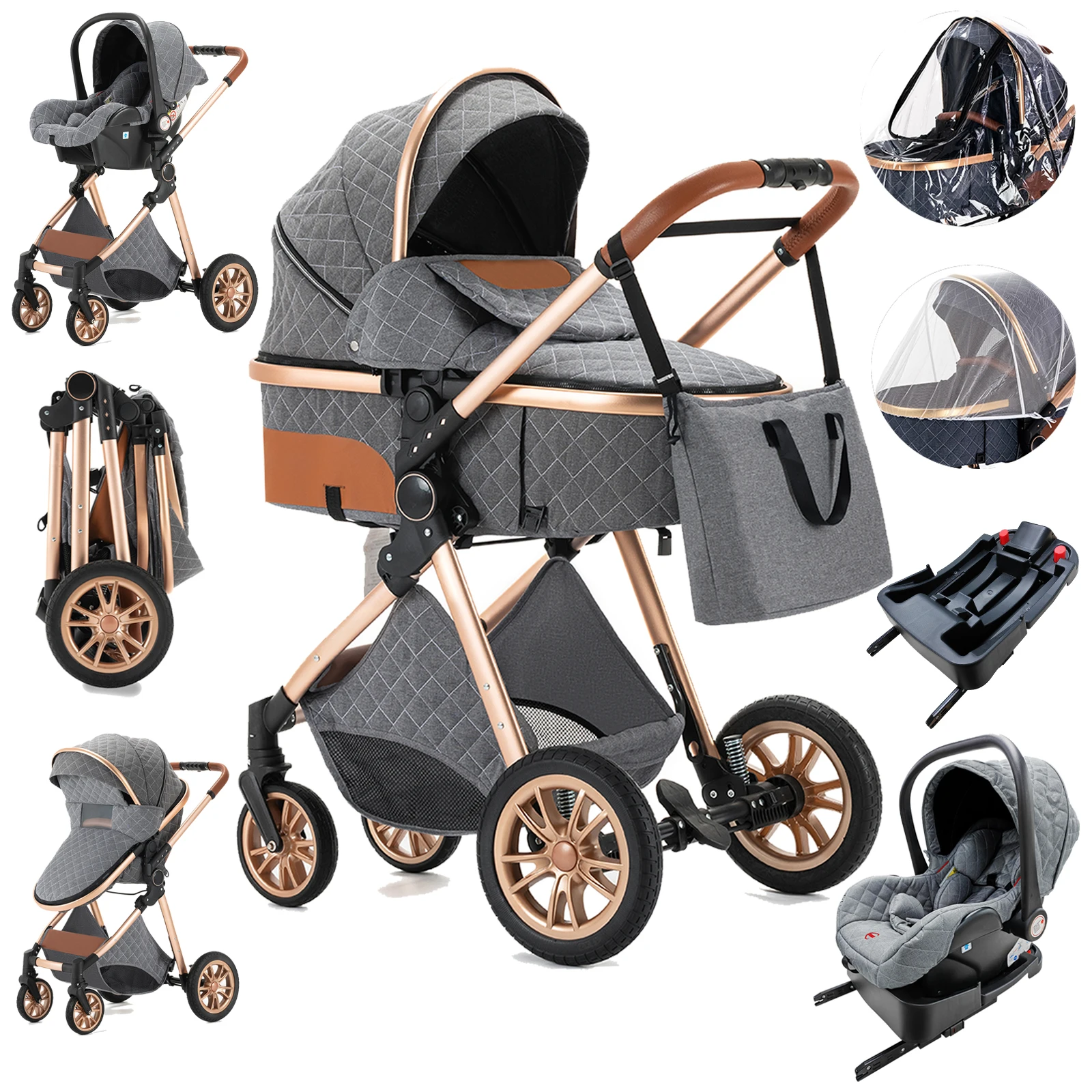 Luxury Baby Stroller 3 in 1 High Landscape Baby Cart Can Sit Can Lie Portable Pushchair Baby Cradel Infant Carrier
