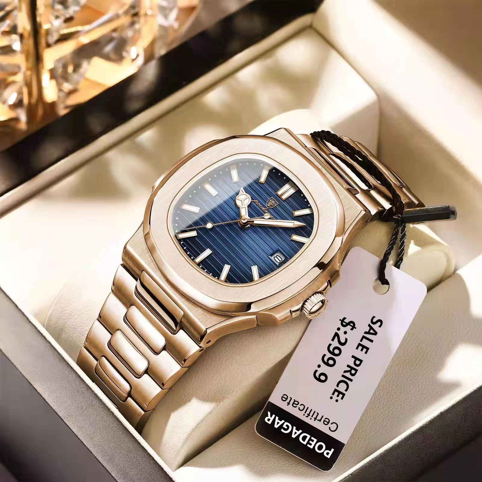 Luxury Man Wristwatch Business Stainless Steel Quartz Men Watch Waterproof Luminous Date Square Men's Watches Clock+Box