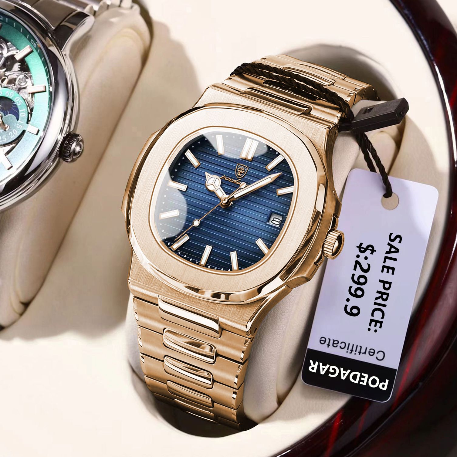 Luxury Man Wristwatch Business Stainless Steel Quartz Men Watch Waterproof Luminous Date Square Men's Watches Clock+Box