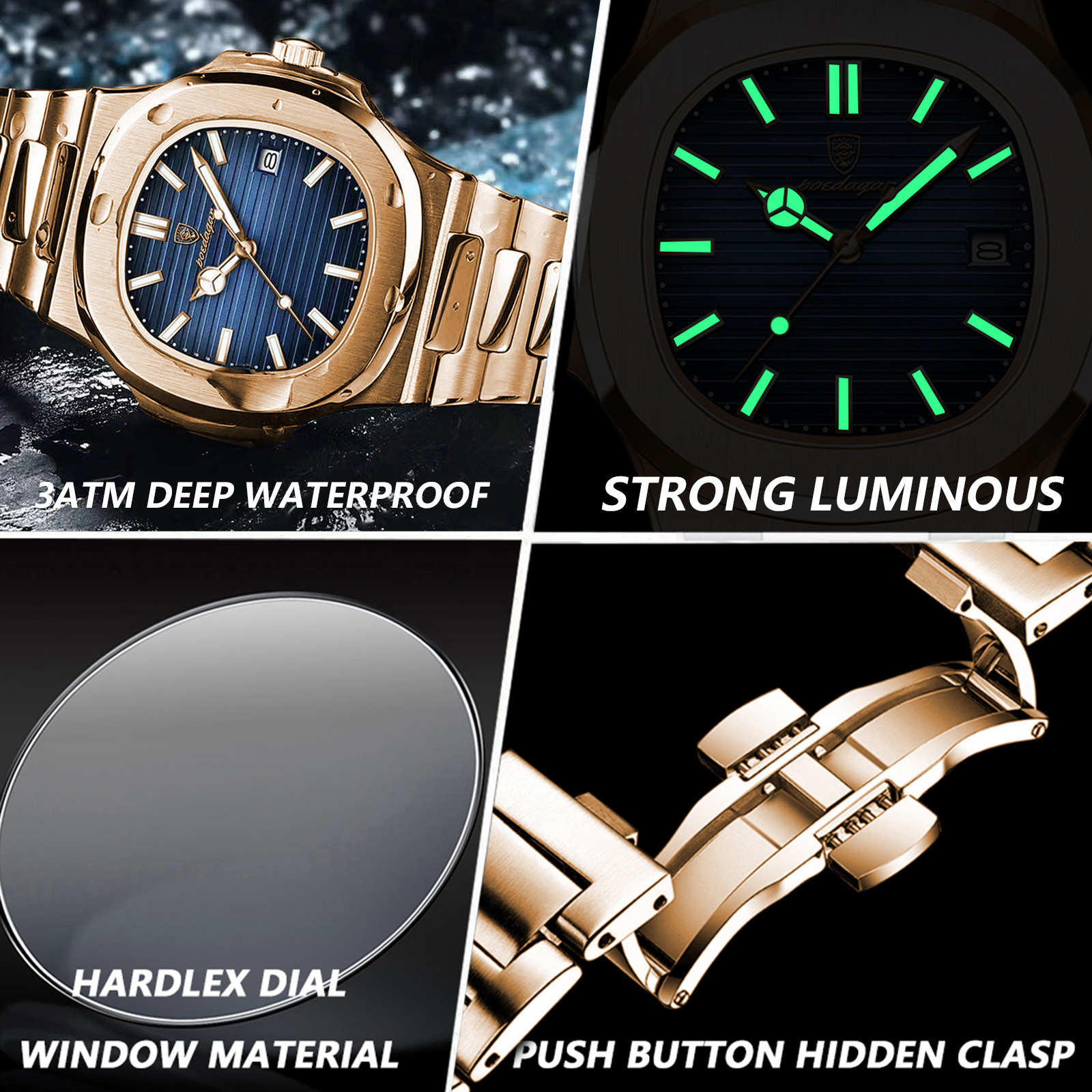 Luxury Man Wristwatch Business Stainless Steel Quartz Men Watch Waterproof Luminous Date Square Men's Watches Clock+Box