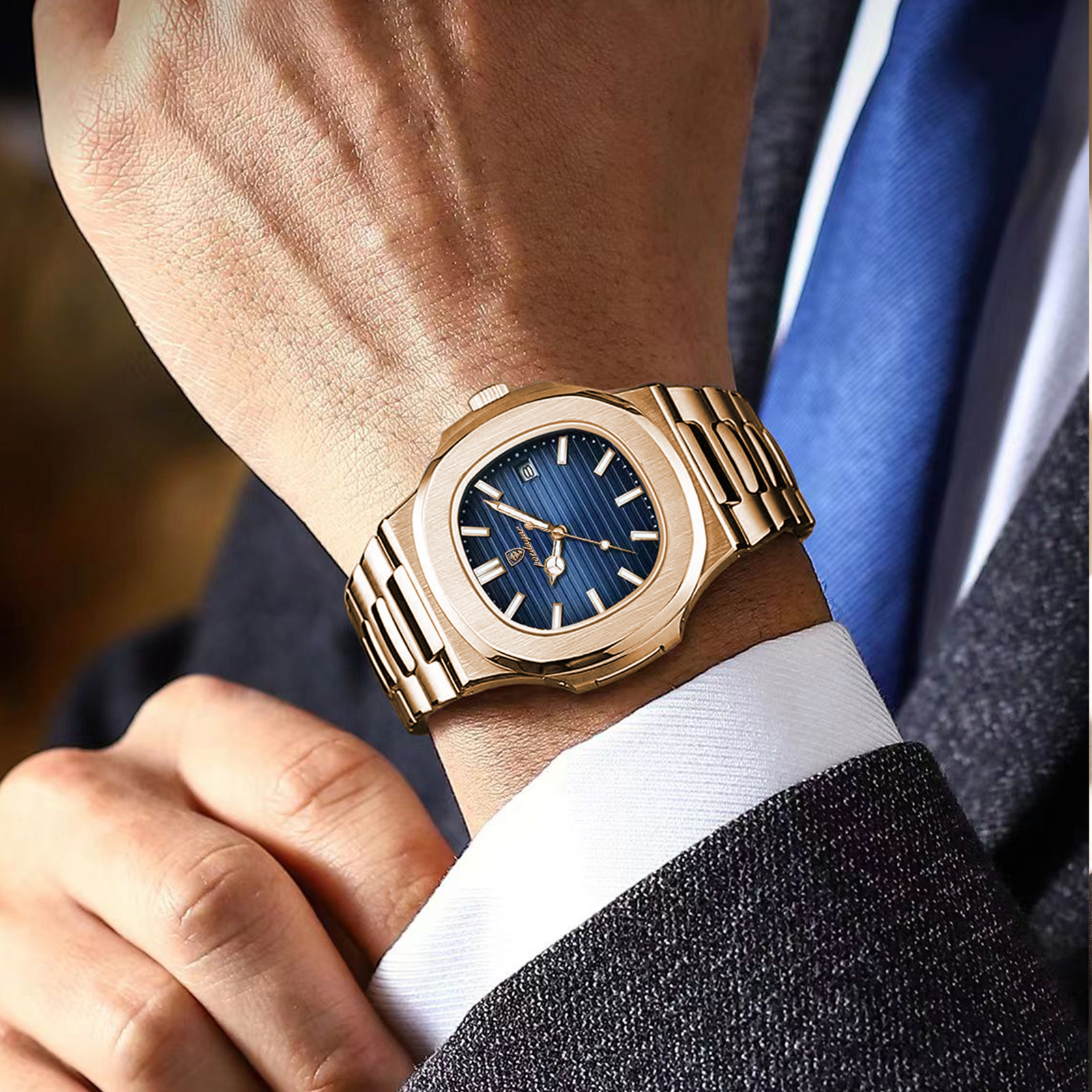 Luxury Man Wristwatch Business Stainless Steel Quartz Men Watch Waterproof Luminous Date Square Men's Watches Clock+Box