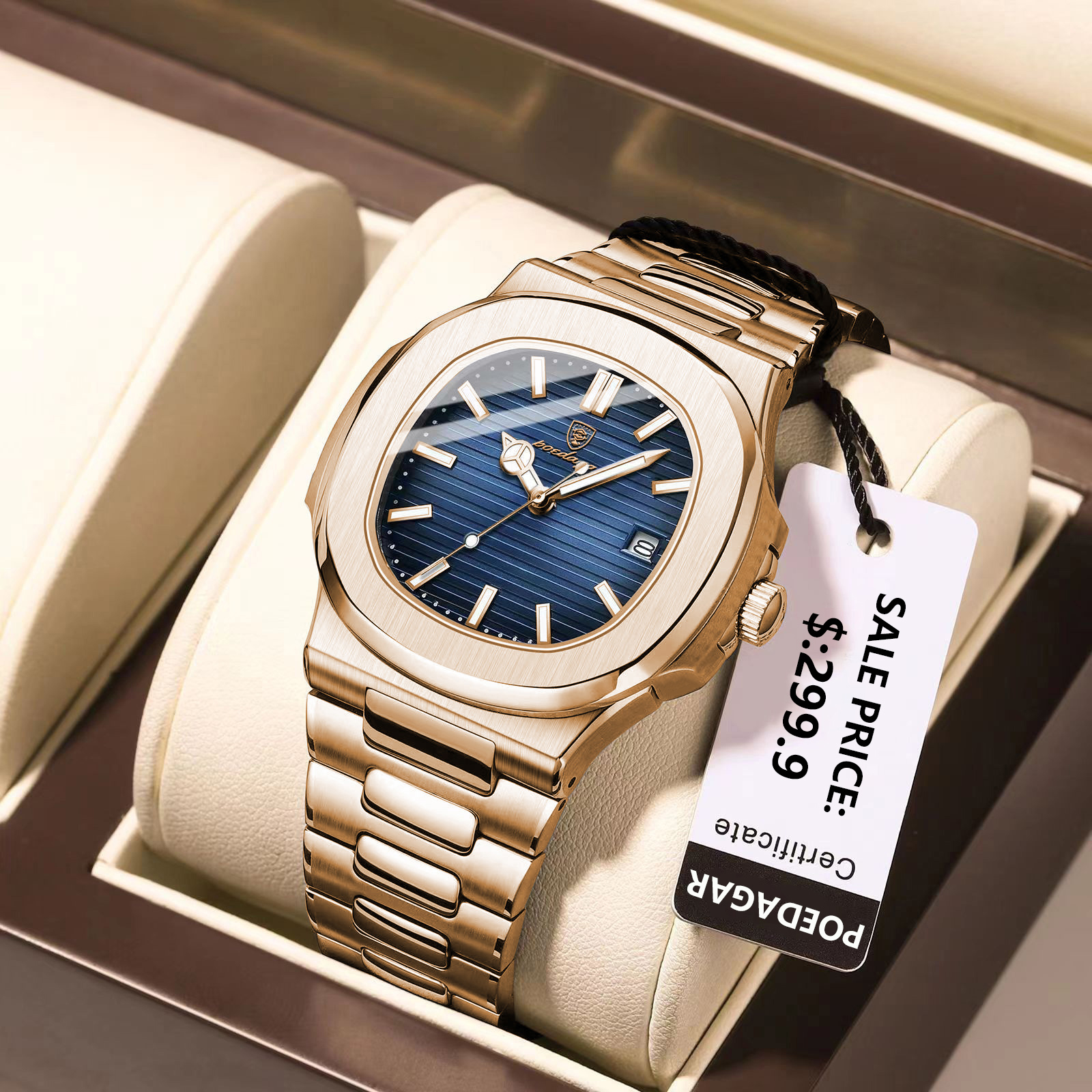 Luxury Man Wristwatch Business Stainless Steel Quartz Men Watch Waterproof Luminous Date Square Men's Watches Clock+Box