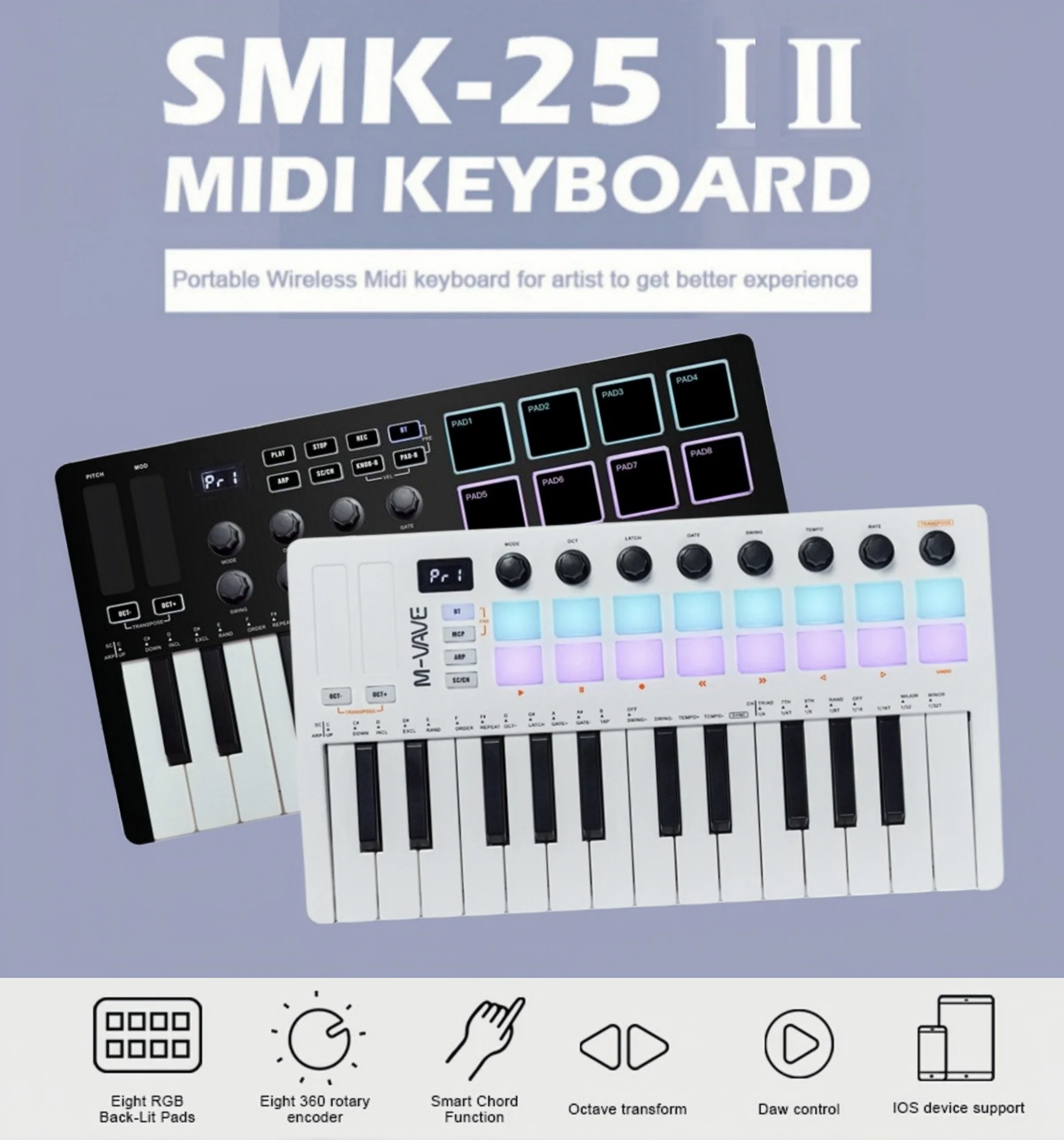 M-VAVE SMK-25 II MIDI Pad Controller Keyboard USB Mini 25 Key,16 RGB Drum Pads,8 Knobs and Music Production,Software M-VAVE SMK-25 II MIDI Pad Controller Keyboard USB Mini 25 Key,16 RGB Drum Pads,8 Knobs and Music Production,Software