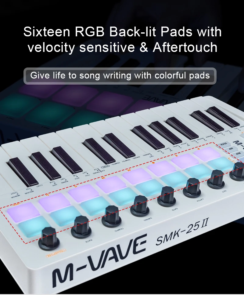 M-VAVE SMK-25 II MIDI Pad Controller Keyboard USB Mini 25 Key,16 RGB Drum Pads,8 Knobs and Music Production,Software M-VAVE SMK-25 II MIDI Pad Controller Keyboard USB Mini 25 Key,16 RGB Drum Pads,8 Knobs and Music Production,Software