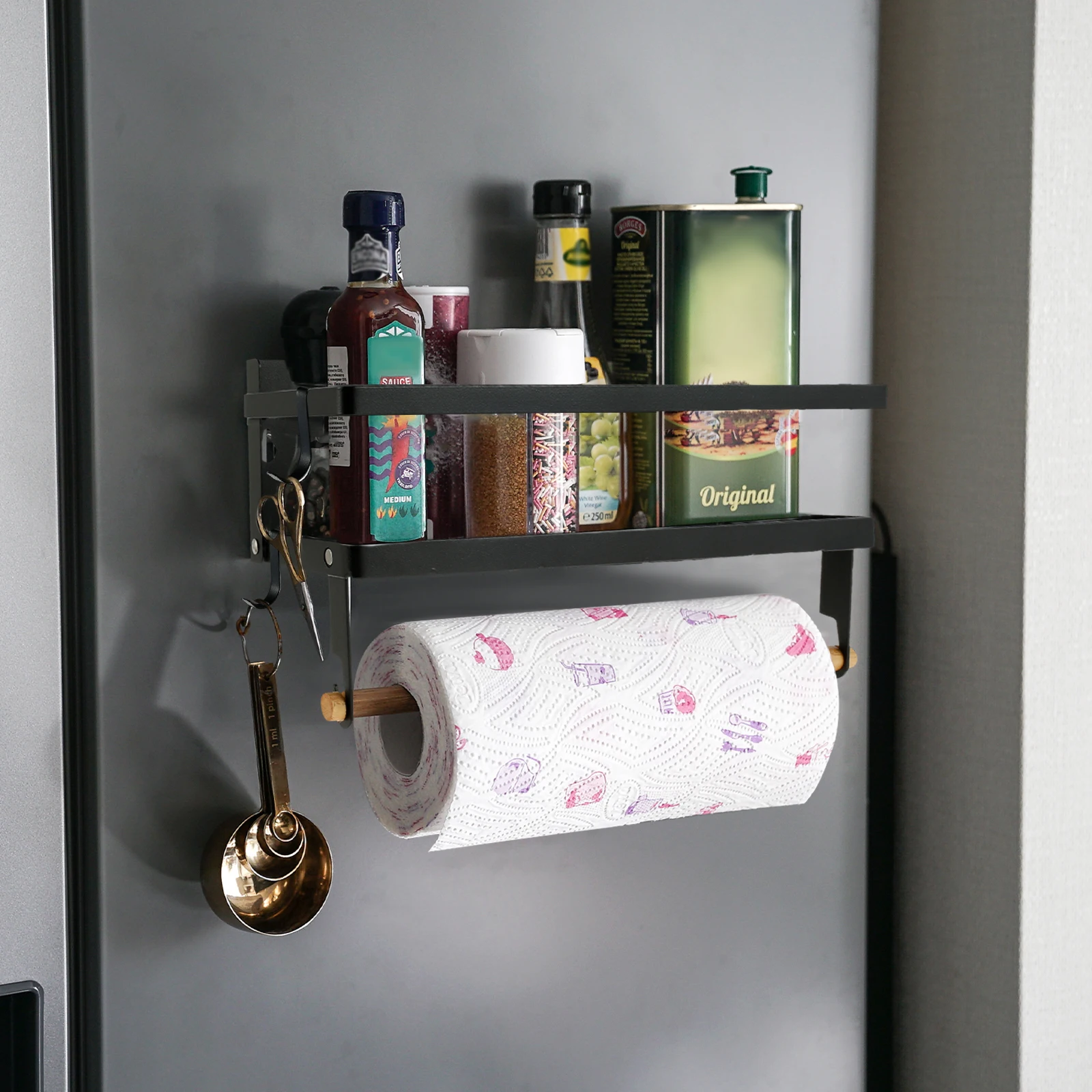 Magnetic Spice Rack with Paper Towel Holder Roll and 2 Hooks Magnetic Shelf Foldable Spice Organizer Metal Refrigerator Magnetic Spice Rack with Paper Towel Holder Roll and 2 Hooks Magnetic Shelf Foldable Spice Organizer Metal Refrigerator