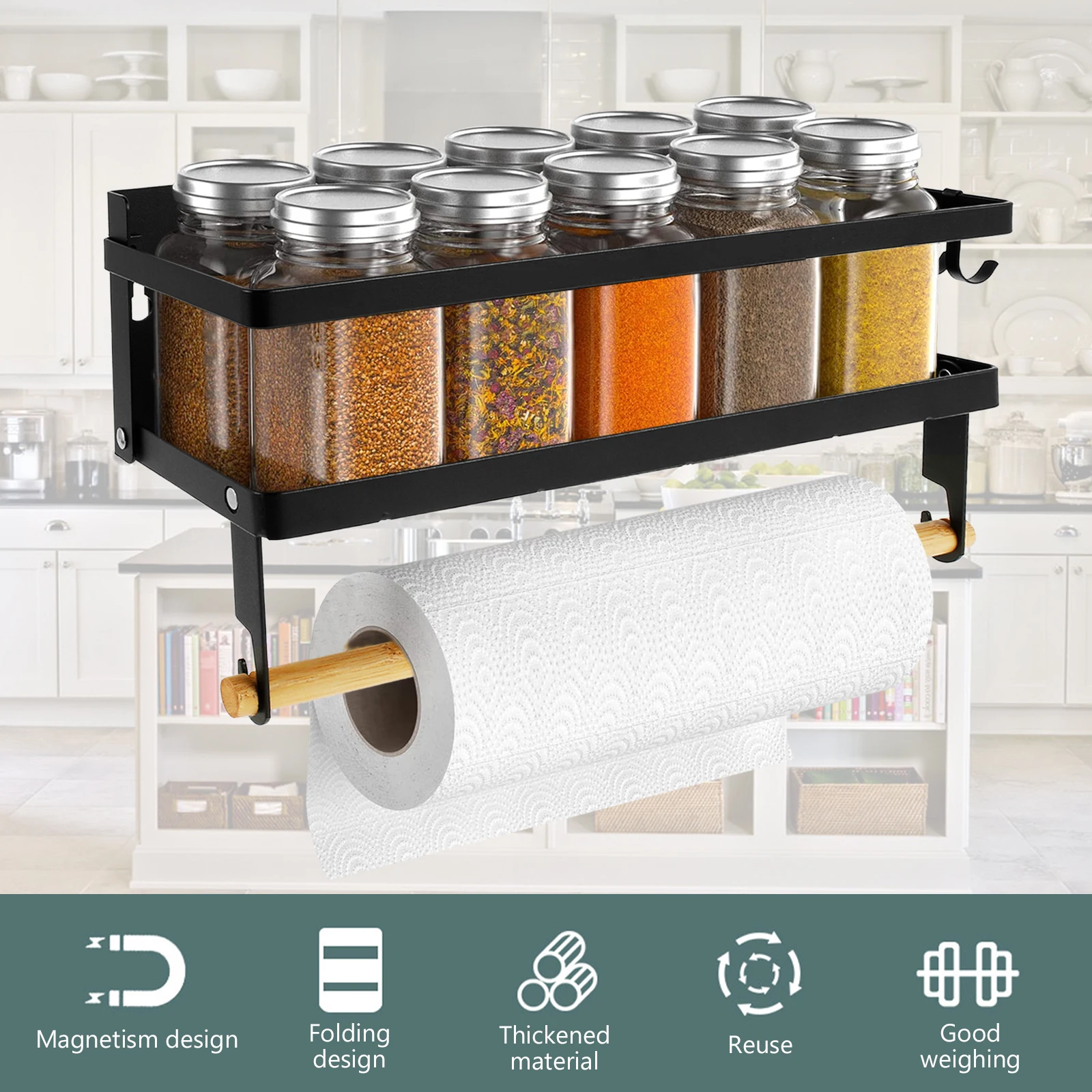 Magnetic Spice Rack with Paper Towel Holder Roll and 2 Hooks Magnetic Shelf Foldable Spice Organizer Metal Refrigerator