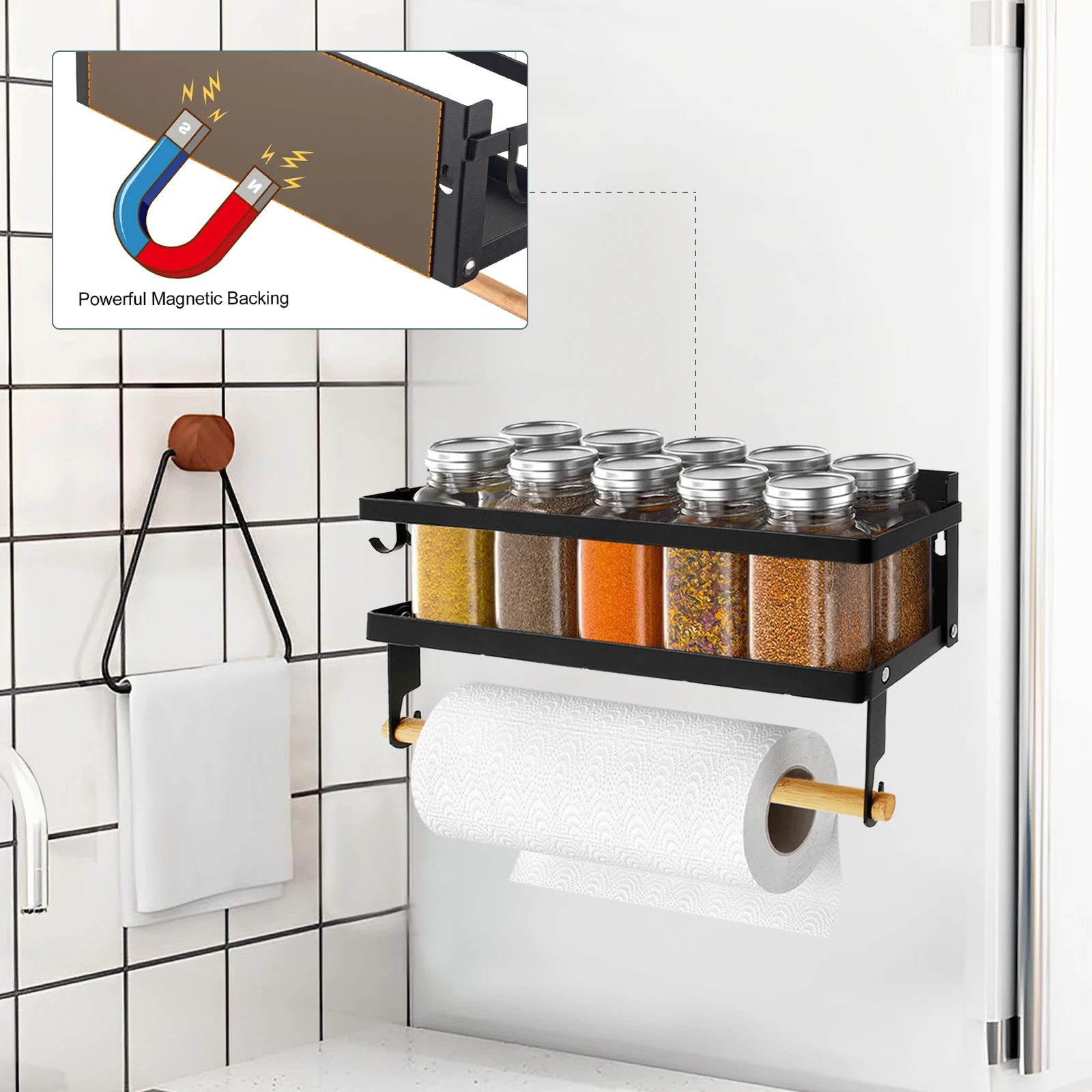 Magnetic Spice Rack with Paper Towel Holder Roll and 2 Hooks Magnetic Shelf Foldable Spice Organizer Metal Refrigerator