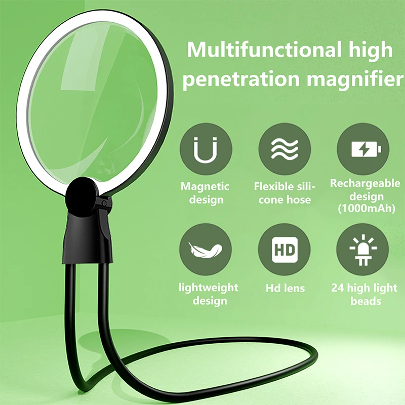 Magnifying Glass with Light for Reading: 5X Hands Free Magnifier for Neck Wear Seniors Sewing Low Vision Elderly