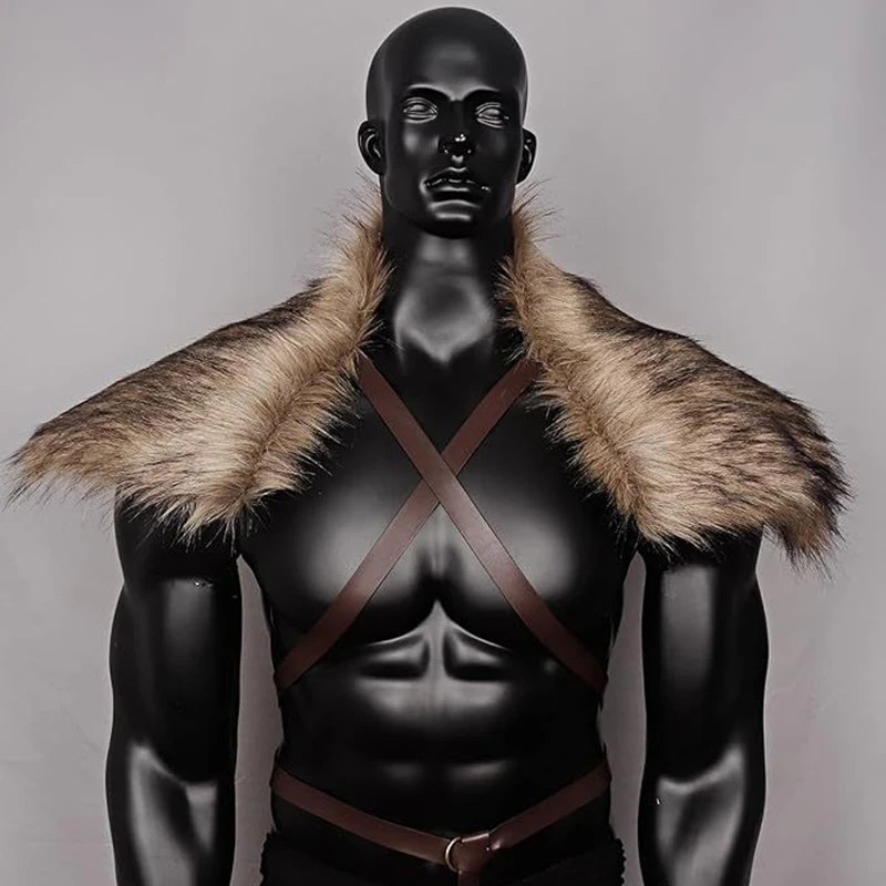 Man Medieval Faux Fur Cape Shoulder Cloak With Chest Strap Faux Fur Collar Retro Viking Fur Cape Halloween Cosplay