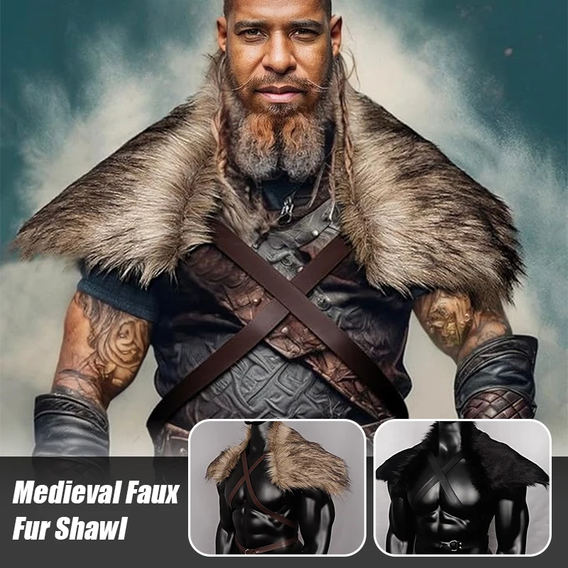 Man Medieval Faux Fur Cape Shoulder Cloak With Chest Strap Faux Fur Collar Retro Viking Fur Cape Halloween Cosplay Man Medieval Faux Fur Cape Shoulder Cloak With Chest Strap Faux Fur Collar Retro Viking Fur Cape Halloween Cosplay