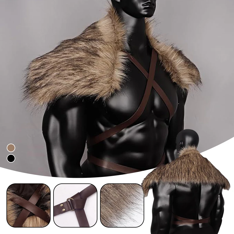 Man Medieval Faux Fur Cape Shoulder Cloak With Chest Strap Faux Fur Collar Retro Viking Fur Cape Halloween Cosplay Man Medieval Faux Fur Cape Shoulder Cloak With Chest Strap Faux Fur Collar Retro Viking Fur Cape Halloween Cosplay
