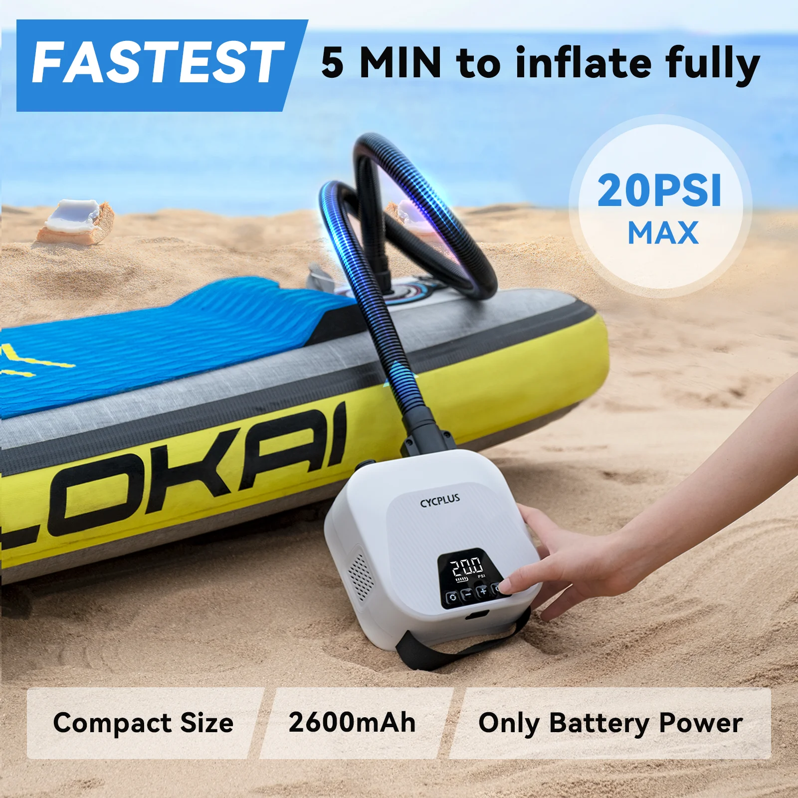 Marble Electric Smart SUP Air Pump 2600mAh High Pressure Portable Rechargeable Pump for Inflatable Tent Kite Mattress
