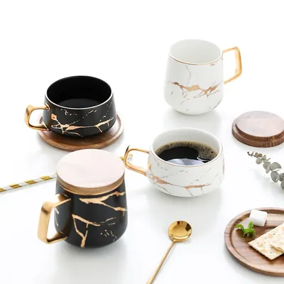 Marble Mug with Wood Lid Coffee Cup
