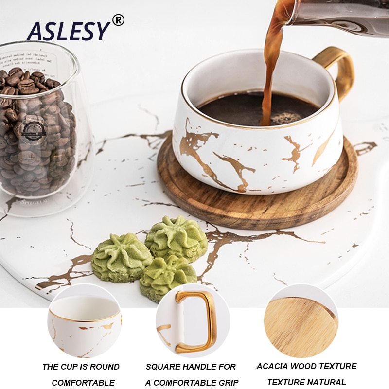 Marble Mug with Wood Lid Coffee Cup