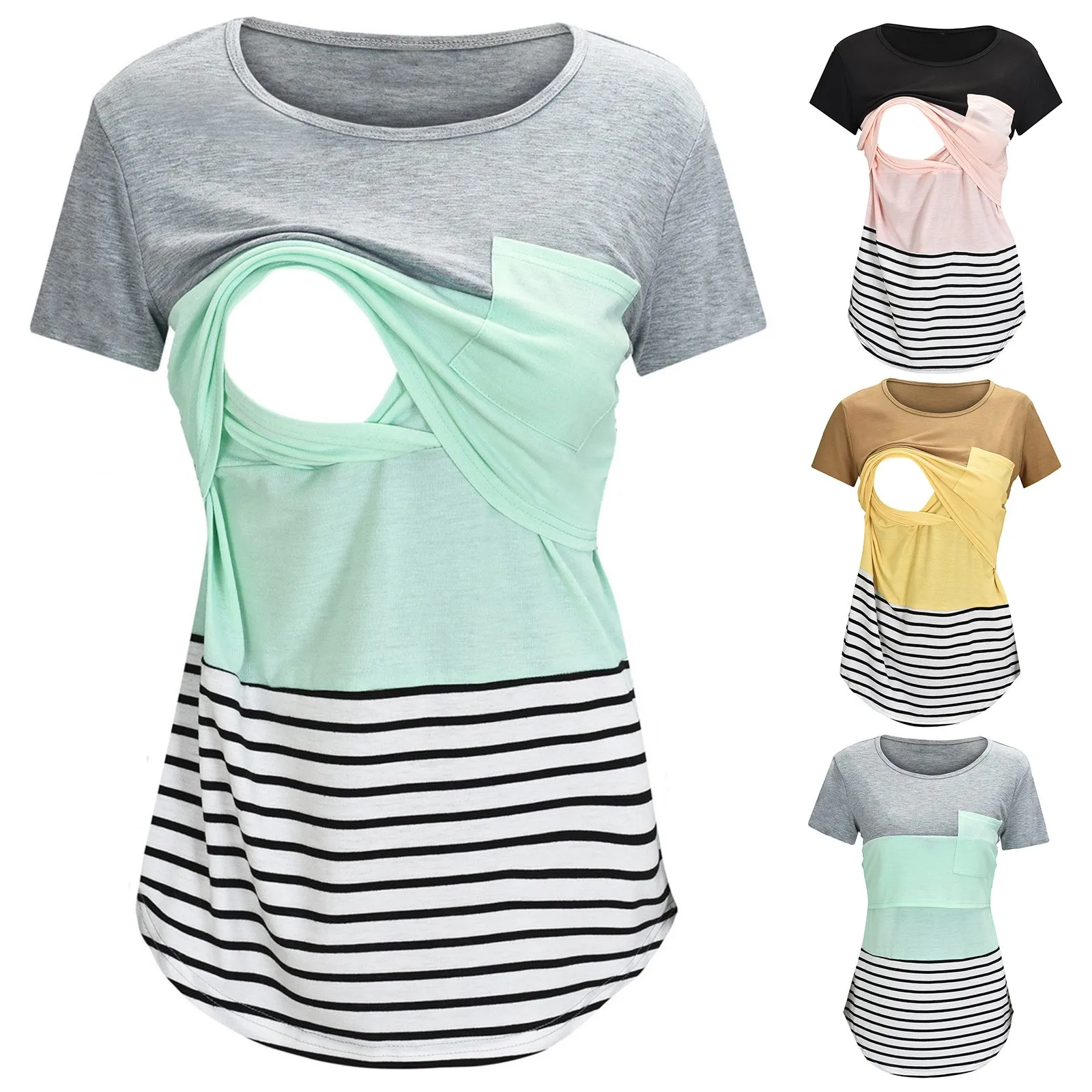 Maternity Clothes Casual Tops Nursing For Breastfeeding T Shirt Striped Print Women Maternity Short Sleeve Maternity