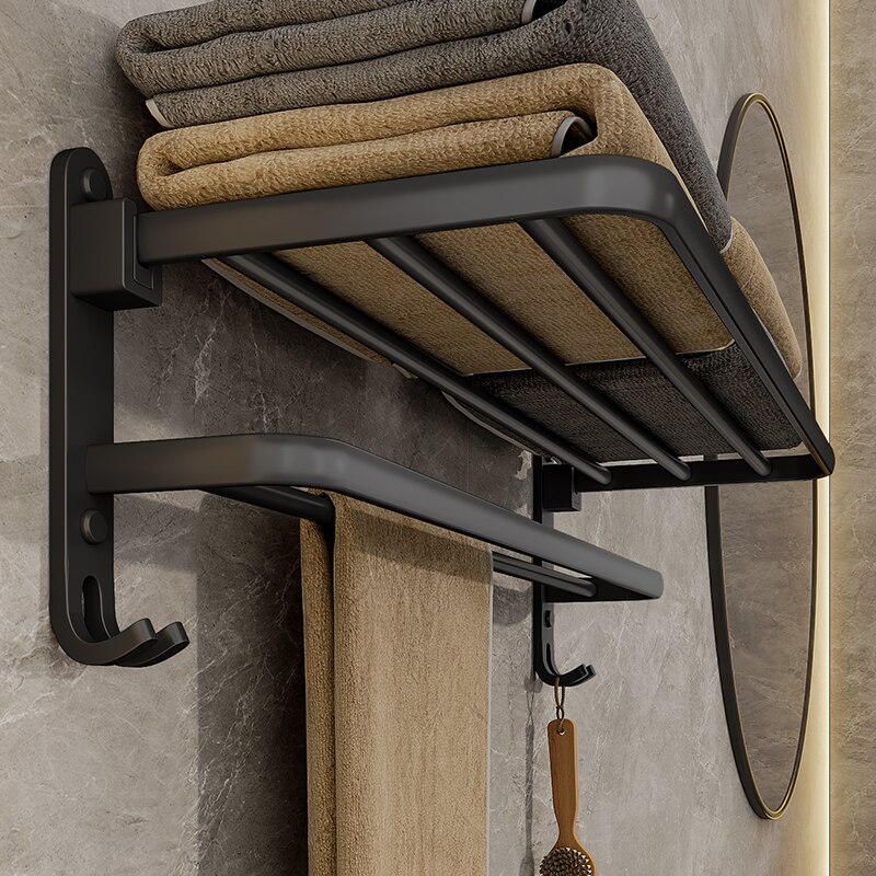Matte Black 50CM Folding Holder With Hook Towel Holder Wall Mount Aluminum Towel Rack