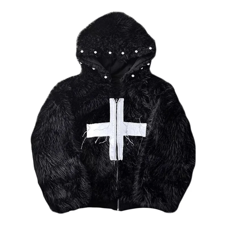 Mauroicardi Winter Short Cool Warm Soft Hairy Faux Fur Coat Men with Hood Rivet Luxury Designer Punk Style Clothes Mauroicardi Winter Short Cool Warm Soft Hairy Faux Fur Coat Men with Hood Rivet Luxury Designer Punk Style Clothes