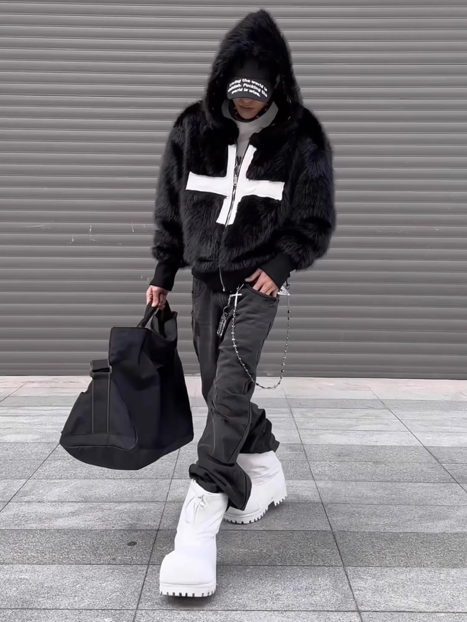 Mauroicardi Winter Short Cool Warm Soft Hairy Faux Fur Coat Men with Hood Rivet Luxury Designer Punk Style Clothes Mauroicardi Winter Short Cool Warm Soft Hairy Faux Fur Coat Men with Hood Rivet Luxury Designer Punk Style Clothes
