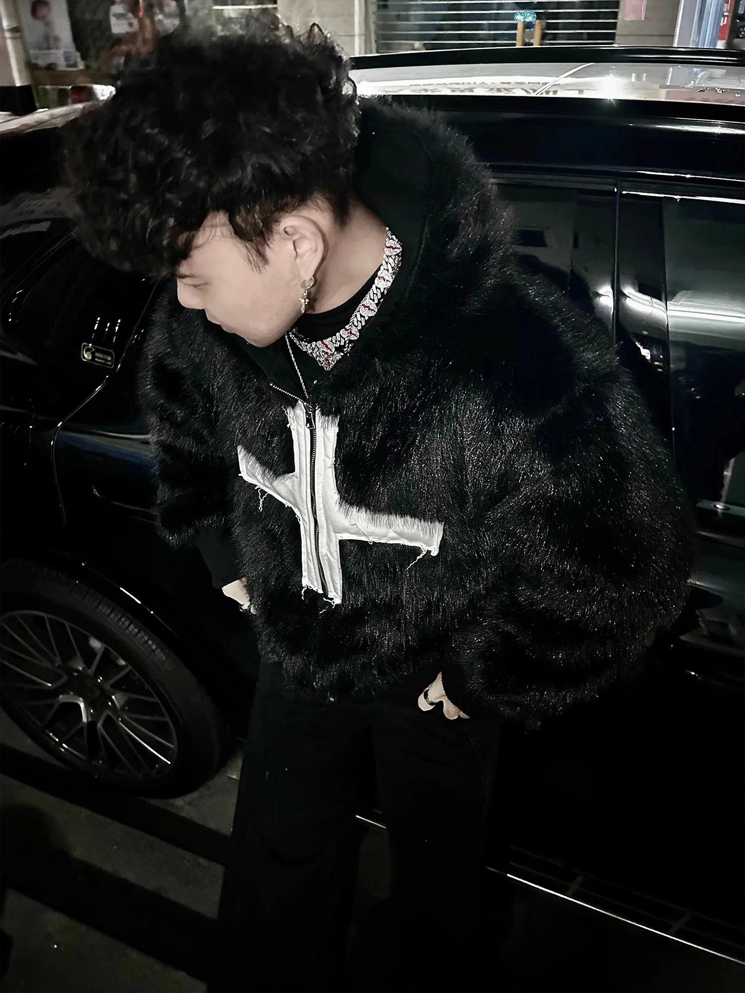 Mauroicardi Winter Short Cool Warm Soft Hairy Faux Fur Coat Men with Hood Rivet Luxury Designer Punk Style Clothes Mauroicardi Winter Short Cool Warm Soft Hairy Faux Fur Coat Men with Hood Rivet Luxury Designer Punk Style Clothes