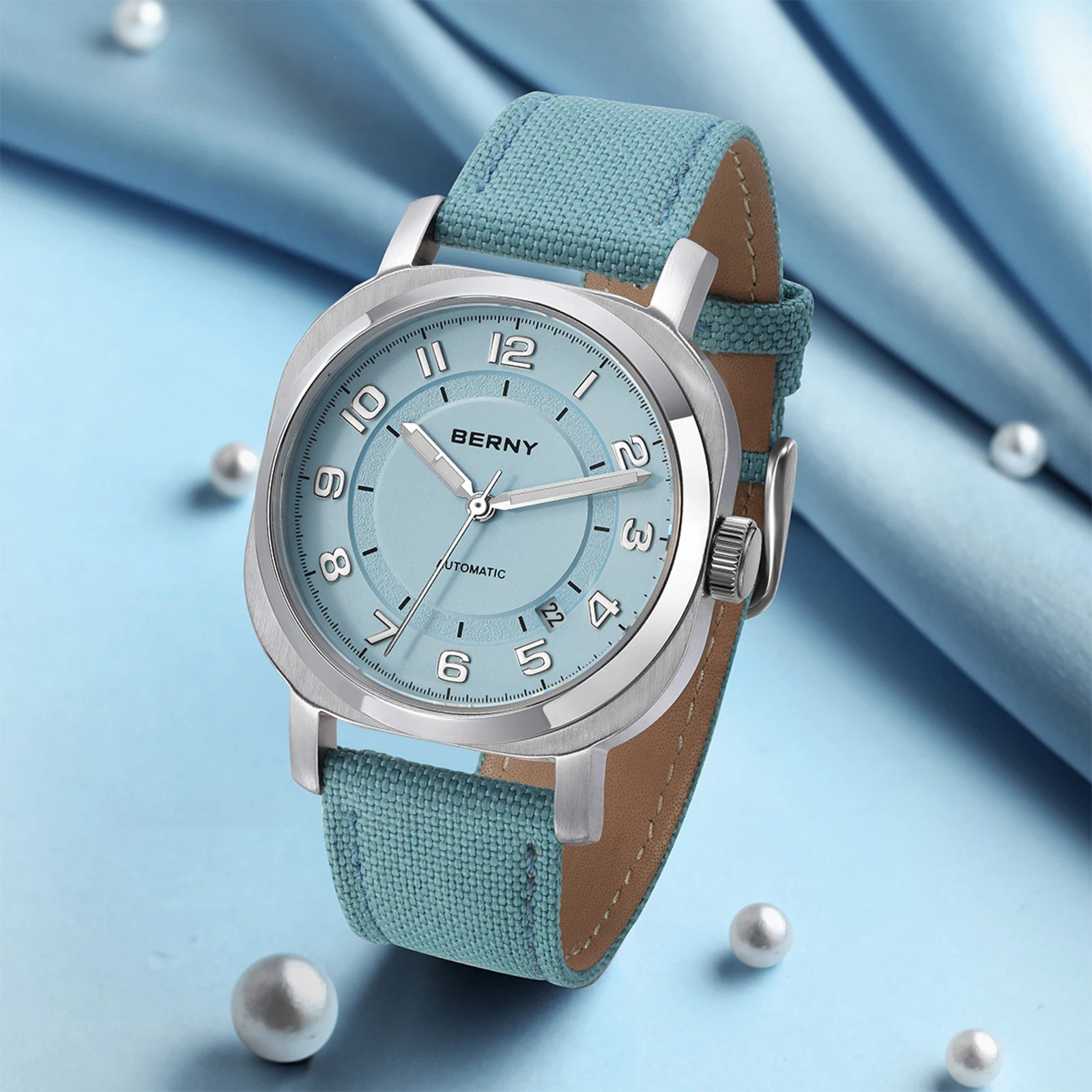 Mechanical Watch for Women Self-wind Pillow Cushion Sapphire Super Luminous Wristwatch Canvas Calendar Watch for Ladies Mechanical Watch for Women Self-wind Pillow Cushion Sapphire Super Luminous Wristwatch Canvas Calendar Watch for Ladies