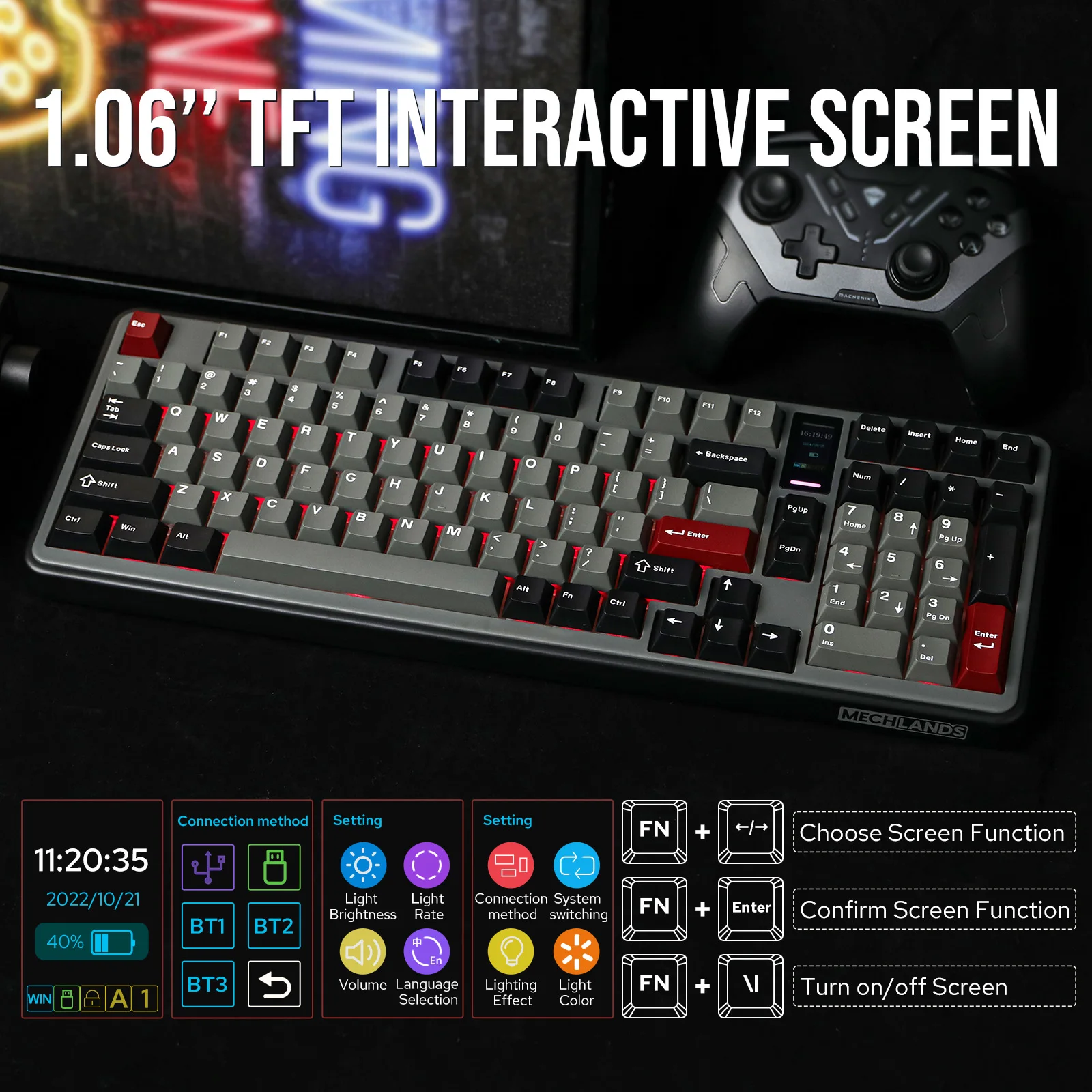 MechLands Vibe99 1800 Layout Gasket-mounted Wired/Bluetooth/2.4GHz Wireless Mechanical Keyboard with 1.06-Inch TFT