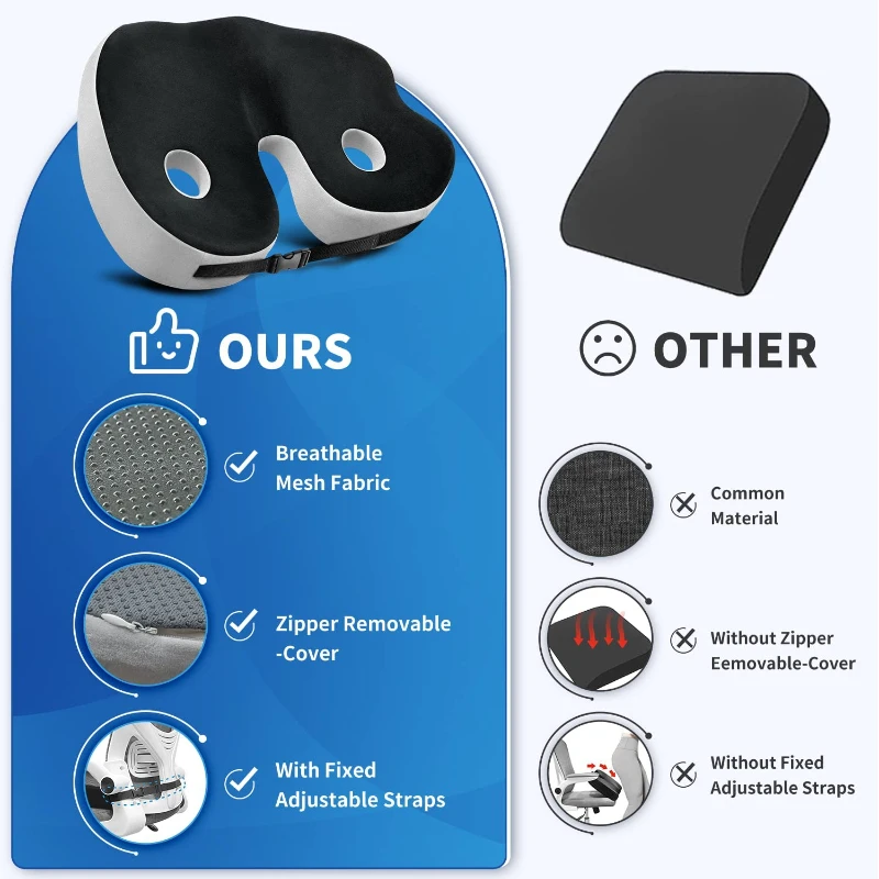 Memory Foam Seat Cushion Office Chair Cushion Chair Pad for Car Seat All-Day Sitting Tailbone Sciatica Pain Relief
