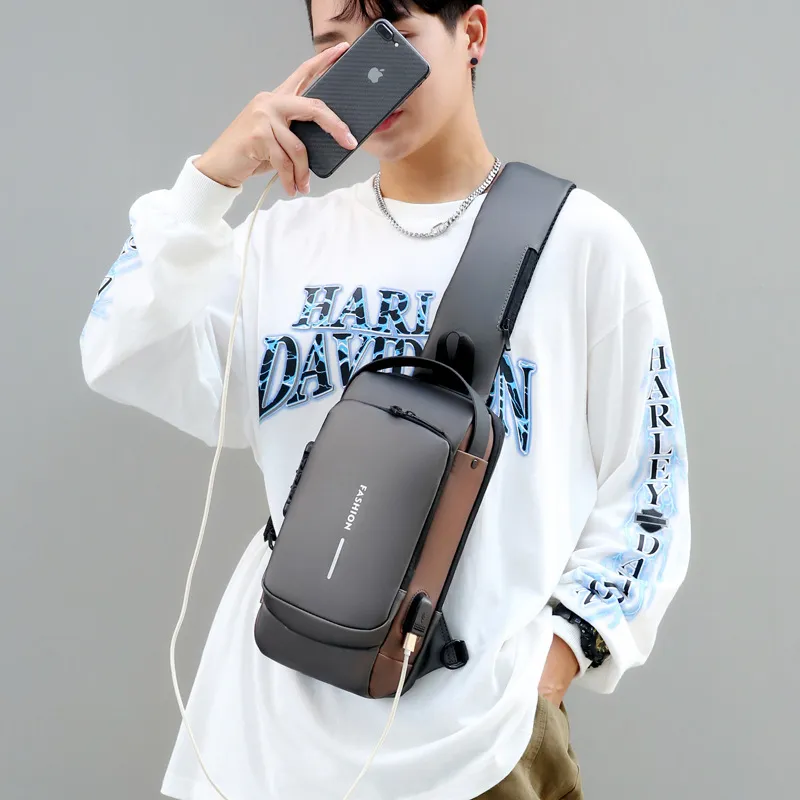 Men Anti Theft Chest Bag Shoulder Bags USB Charging Crossbody Package School Short Trip Messengers Bags Men's Oxford