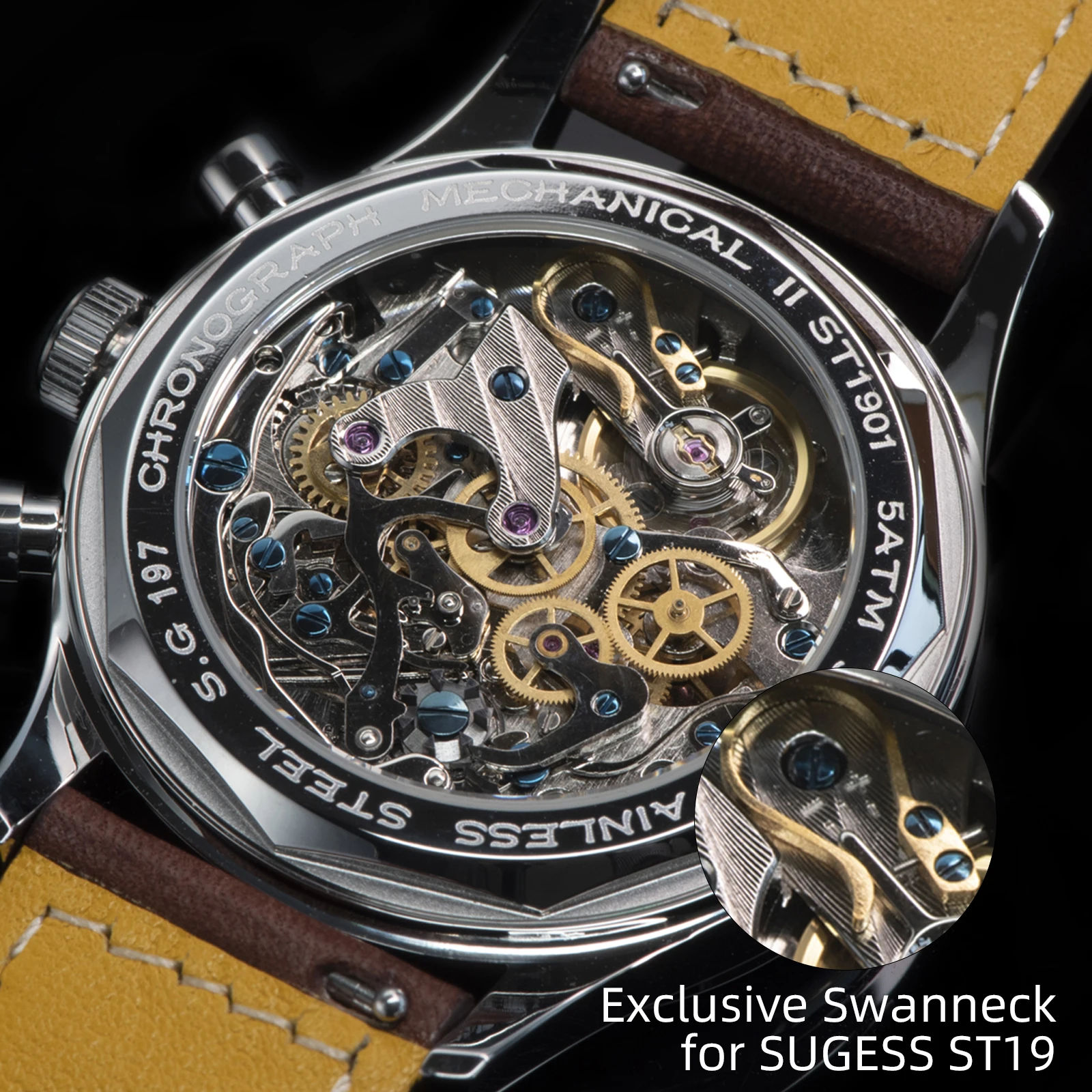 Men Chronograph Watch Mechanical Wristwatches with Seagull ST19 Swanneck Movement Pilot Sapphire Crystal Racing