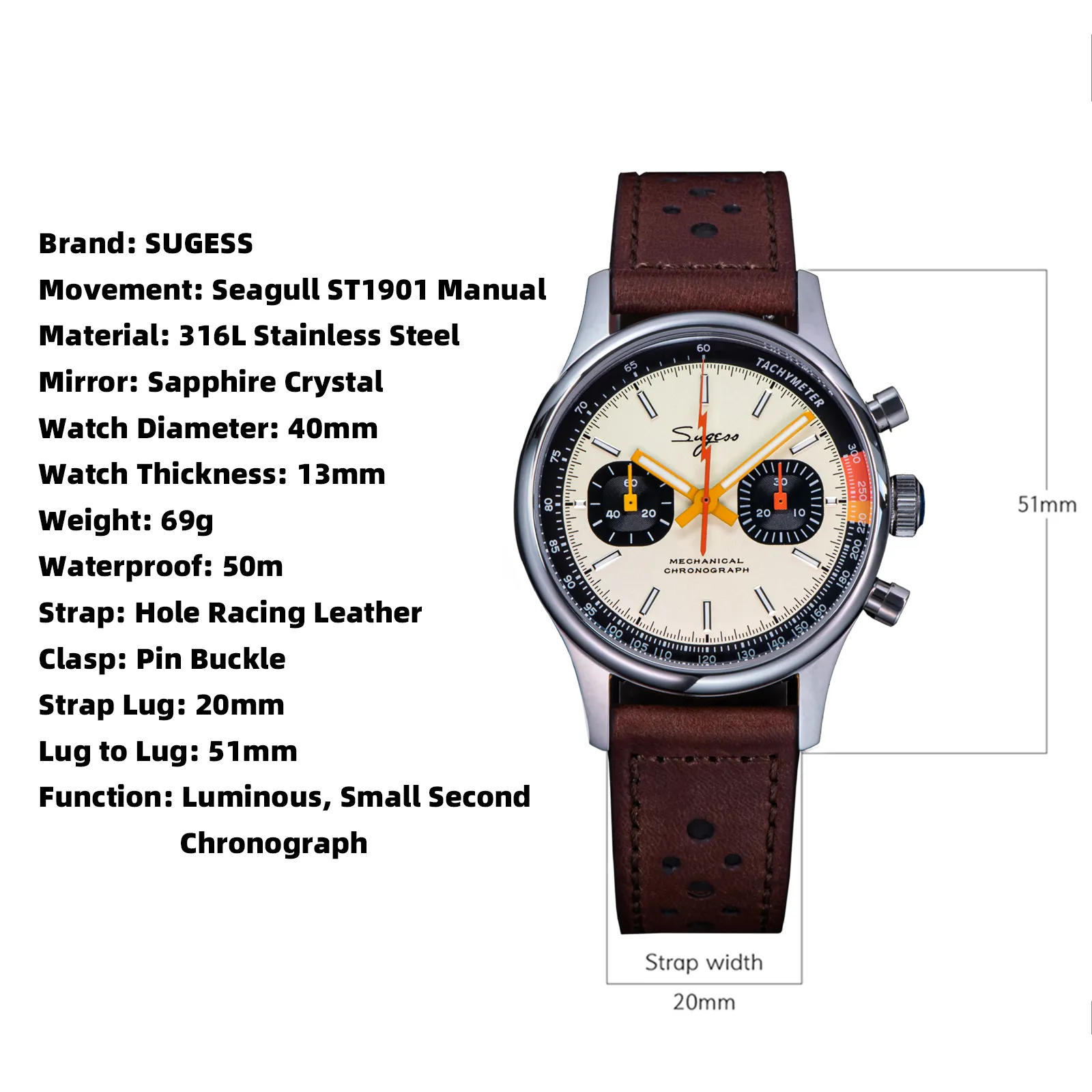 Men Chronograph Watch Mechanical Wristwatches with Seagull ST19 Swanneck Movement Pilot Sapphire Crystal Racing
