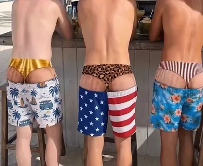 Men Funny Fake Two Piece Boardshorts Optical Illusion Thong Print Beach Shorts Novelty Hilarious Swim Trunks for Summer